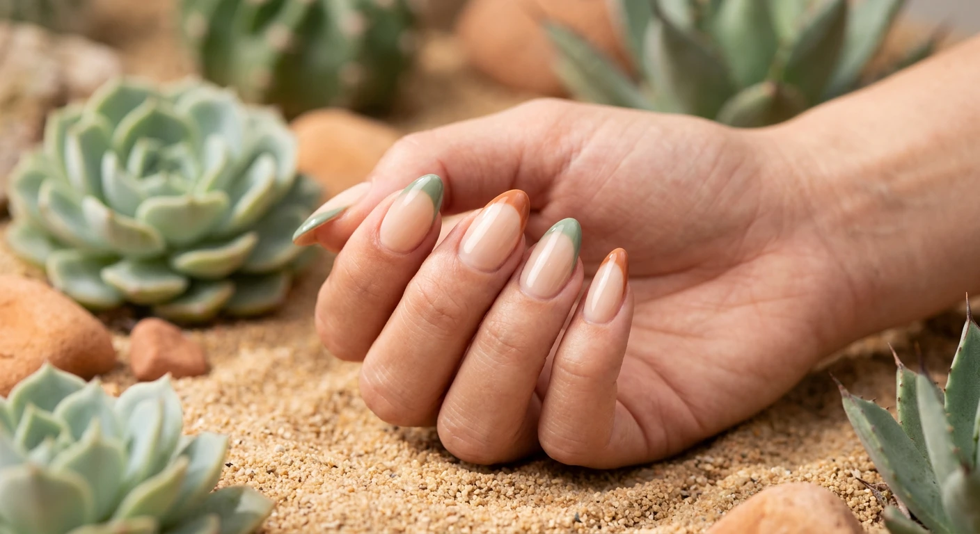 A beautiful macro photograph of one hand showcasing a Desert Garden French Manicure in detail. Medium almond shaped nails feature a sheer cream base with alternating French tips in muted sage green and warm, baked terracotta. The nails have a glossy top coat finish and perfectly sharp smile lines. High-resolution, sharp focus on the nails. Aesthetic background featuring soft, out-of-focus desert succulents and warm sand. Modern, Instagram-worthy photography style. No faces visible, focus ONLY on the nails and hand., macro nail photography, high quality, Instagram-worthy, clean composition