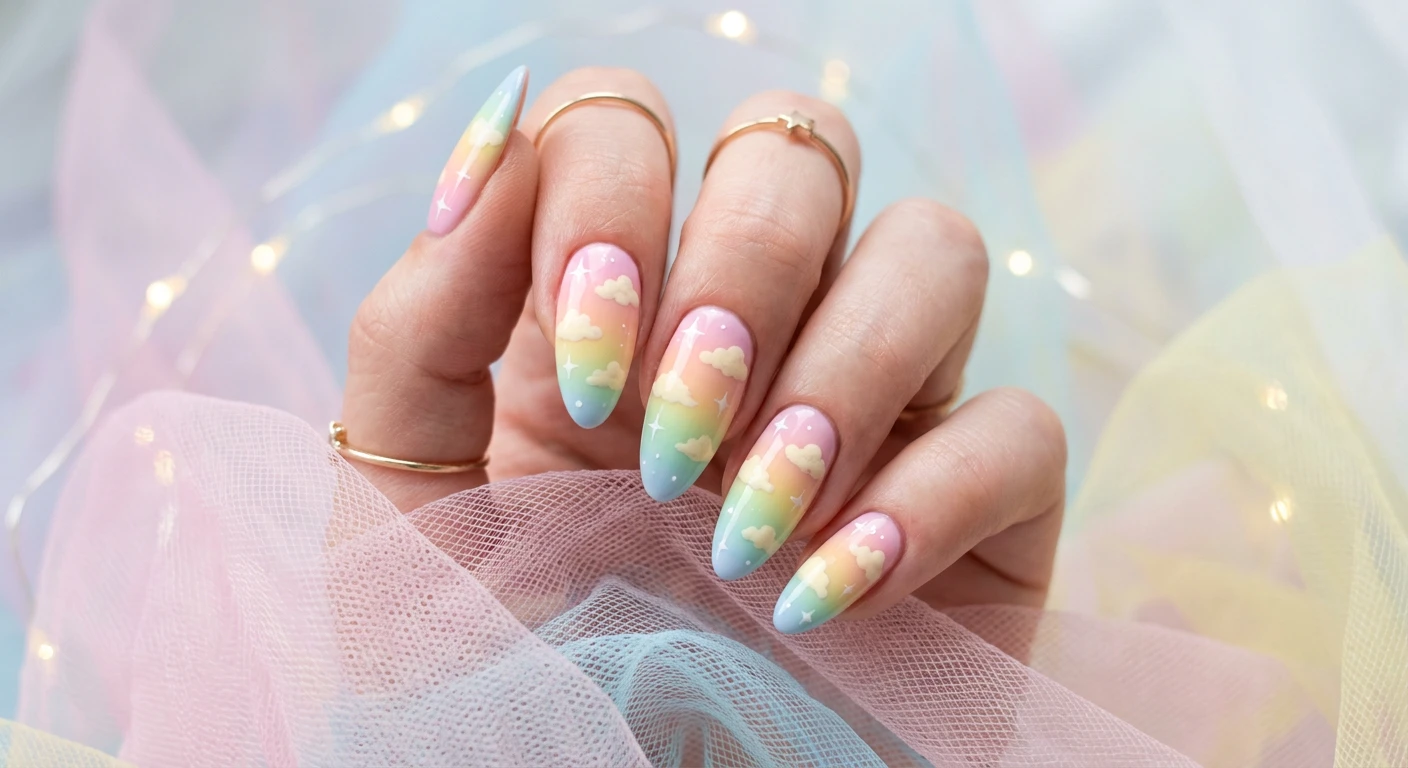 A beautiful macro photograph of one hand showcasing Dreamy Cloudscape Ombré nail art. The nails have an elongated almond shape featuring a seamless pastel rainbow gradient transitioning from baby pink at the cuticle to soft peach, lemon yellow, mint green, and powder blue at the tips, decorated with fluffy, hand-painted cream-colored clouds and tiny white twinkling stars. High-resolution, sharp focus on the nails. Aesthetic dreamy background featuring soft airy tulle and faint pastel lighting. Modern, Instagram-worthy photography style. No faces visible, focus ONLY on the nails and hand., macro nail photography, high quality, Instagram-worthy, clean composition
