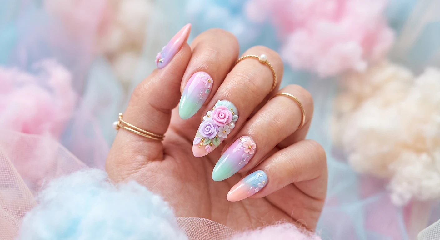 A beautiful macro photograph of one hand showcasing a pastel dreamscape nail design with intricate 3D sculpted roses. High-resolution, sharp focus on the glossy pastel gradients and detailed floral embellishments. Aesthetic background featuring soft, dreamy cotton-candy clouds and pastel tulle. Modern, Instagram-worthy photography style with soft ethereal lighting. No faces visible, focus ONLY on the nails and hand., macro nail photography, high quality, Instagram-worthy, clean composition
