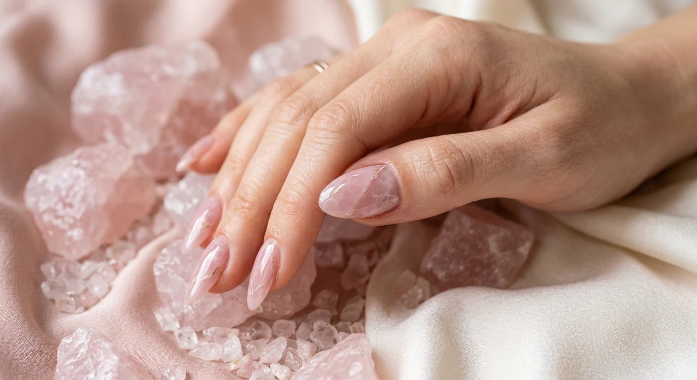A beautiful macro photograph of one hand showcasing a Classic Rose Quartz Glass nail design. The nails feature a medium-length almond shape mimicking a tumbled crystal, painted with a translucent, sheer cool-toned pink base. High-resolution, sharp focus on the nails. The hand poses elegantly over an aesthetic background of raw rose quartz stones and soft pastel silk. Modern, Instagram-worthy photography style. No faces visible, focus ONLY on the nails and hand., macro nail photography, high quality, Instagram-worthy, clean composition