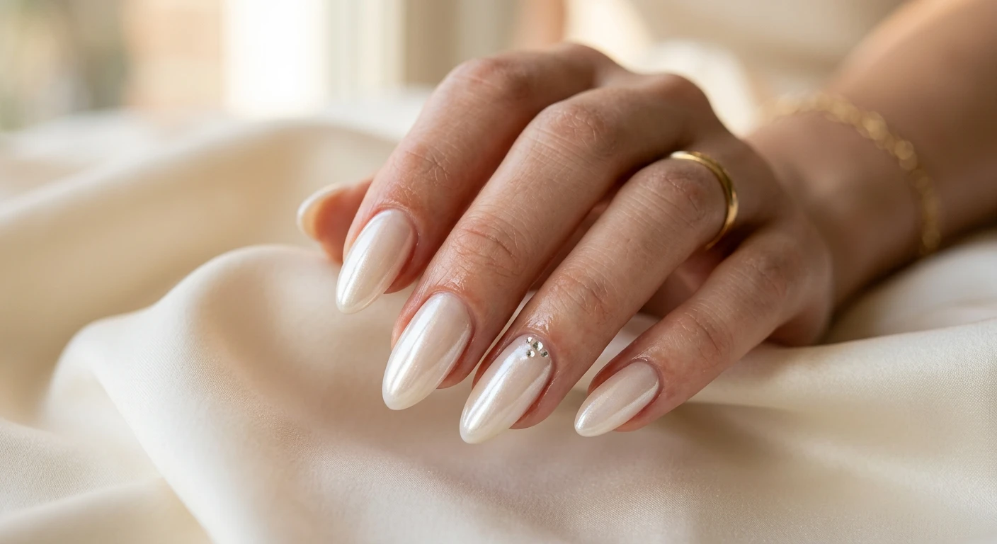 A beautiful macro photograph of one hand showcasing a medium almond nail design in sharp detail. The nails feature a translucent, soft cream base topped with finely milled, pearlescent white chrome powder and an ultra-glossy top coat, creating a luminous, frosted vanilla glazed donut aesthetic. High-resolution, modern Instagram-worthy photography style. Set against an aesthetic background of soft, creamy draped silk and warm, diffused lighting. No faces visible, focus ONLY on the nails and hand., macro nail photography, high quality, Instagram-worthy, clean composition
