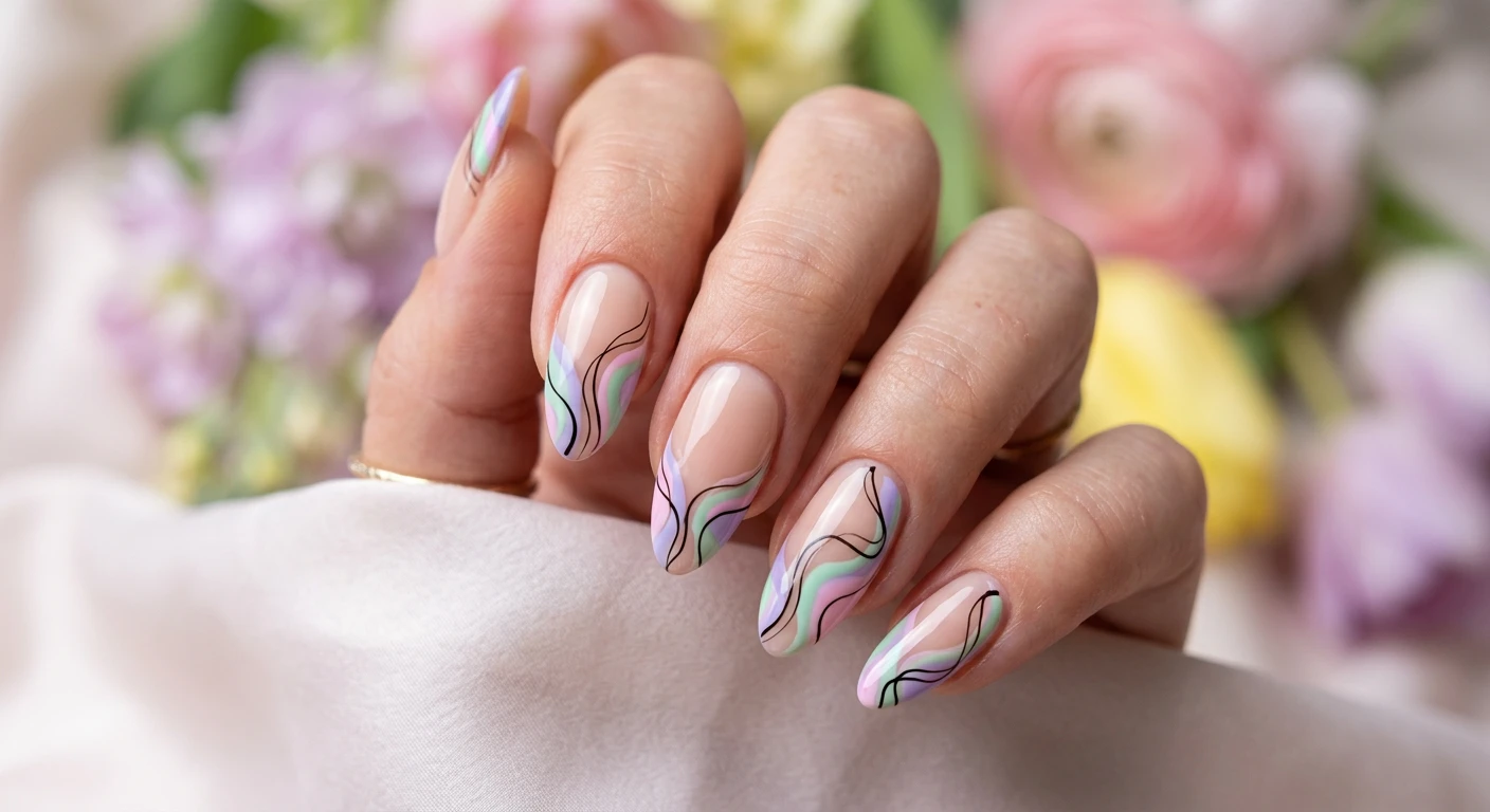 A beautiful macro photograph of one hand showcasing almond-shaped nails with a sheer beige base. The design features organic, swirling abstract lines in soft lavender, mint green, and baby pink pooling near the tips and sides, intertwined with ultra-thin, continuous black abstract line art. High-resolution, sharp focus on the nails. The hand rests against an aesthetic background of soft, blurred pastel spring flowers and light silk. Modern, Instagram-worthy photography style. No faces visible, focus strictly on the hand and nails., macro nail photography, high quality, Instagram-worthy, clean composition