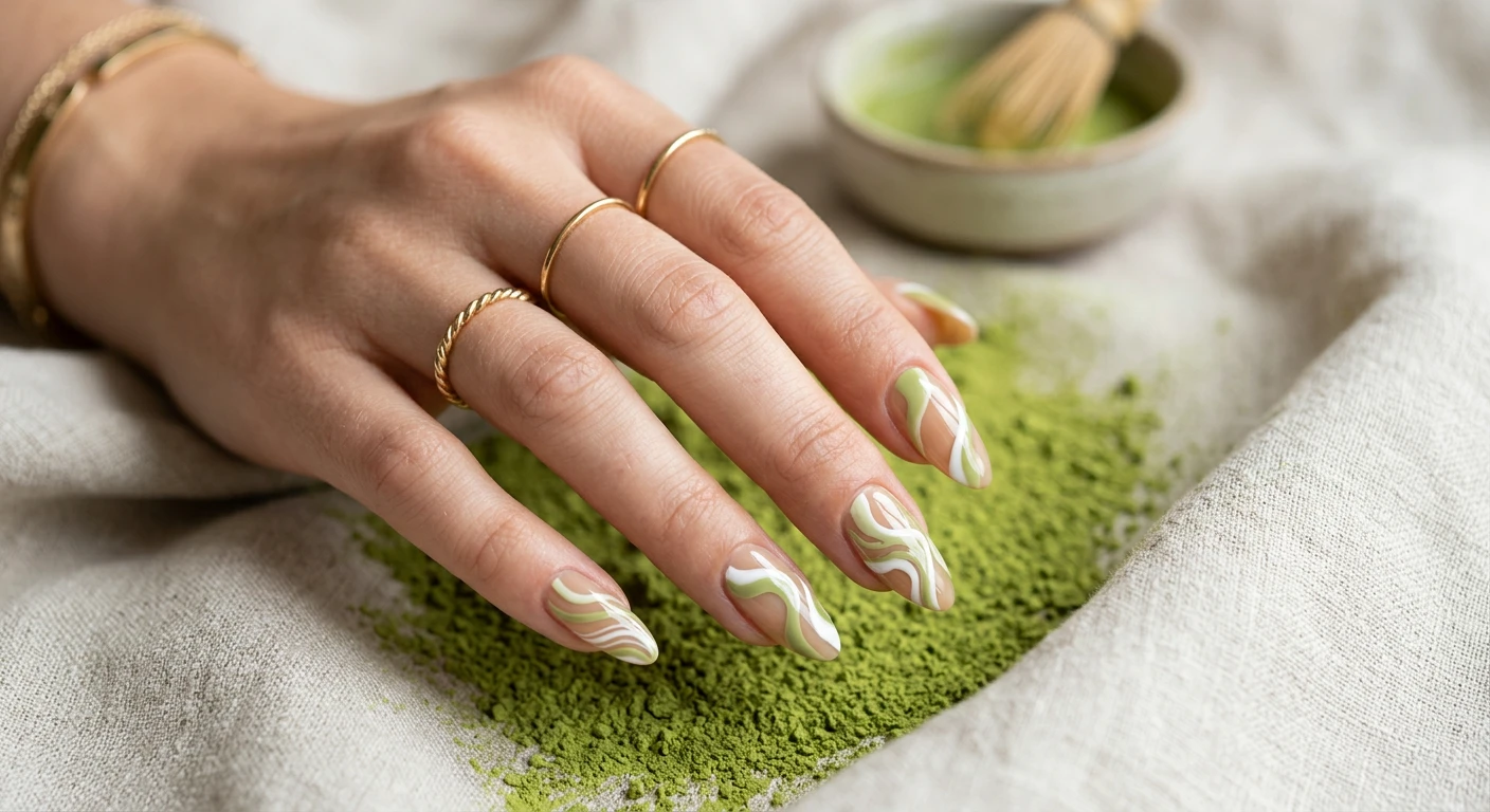 A beautiful macro photograph of one hand showcasing medium-length almond-shaped nails with a glossy, translucent sheer tan base. The design features abstract, wavy swirls of creamy pistachio green and stark white intertwining and flowing organically across the nail beds, varying from fine lines to thick ribbons. High-resolution, sharp focus on the nails. The hand rests against a soft, aesthetic background of fresh matcha powder and draped light linen. Modern, Instagram-worthy photography style, no faces visible, focus strictly on the hand and nail art details., macro nail photography, high quality, Instagram-worthy, clean composition