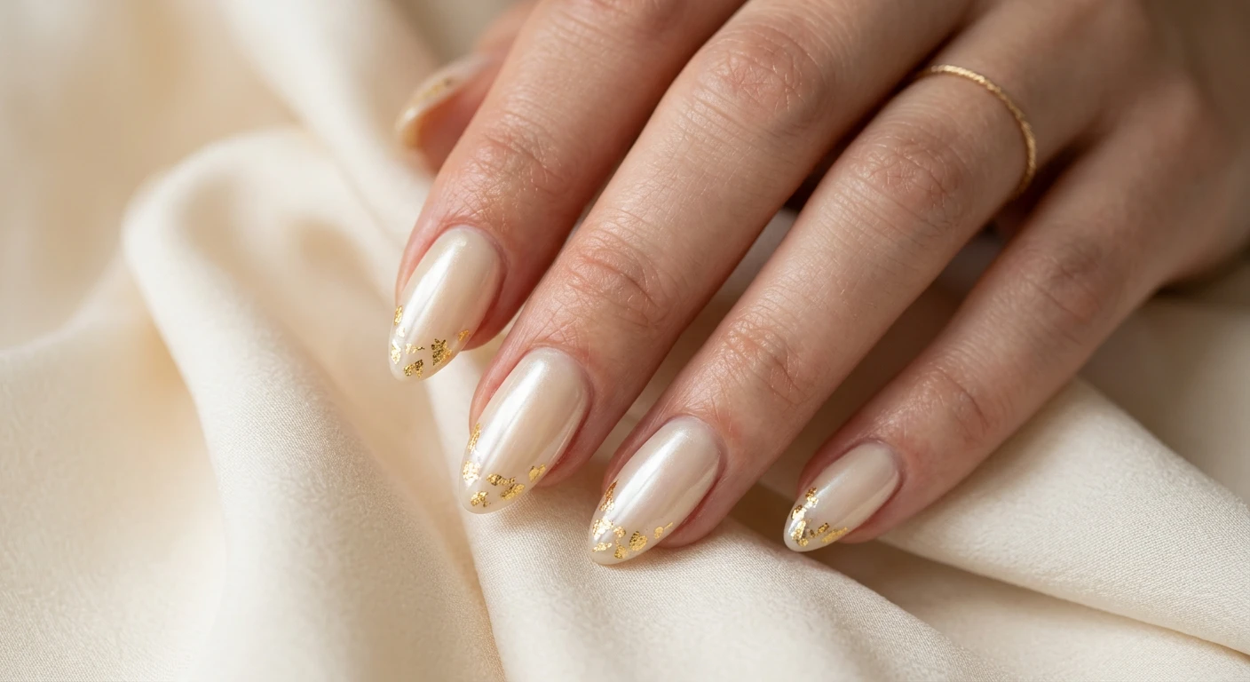 A beautiful macro photograph of one hand showcasing a medium-length almond-shaped manicure in detail. The nails feature a semi-sheer creamy vanilla ivory base with a subtle pearlescent chrome finish, accented by small, irregular flakes of genuine gold leaf organically scattered and encapsulated across the tips and edges. High-resolution, sharp focus on the nails, set against an aesthetic background of softly draped cream silk. Modern, Instagram-worthy photography style, perfectly lit to capture the pearlescent reflection. No faces visible, focus ONLY on the nails and hand., macro nail photography, high quality, Instagram-worthy, clean composition