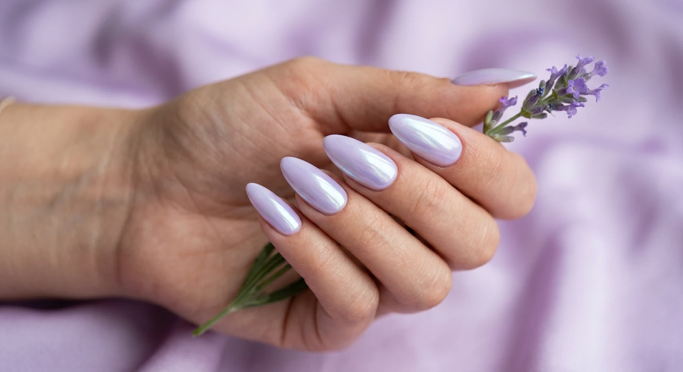 A beautiful macro photograph of one hand showcasing long almond-shaped nails painted in a soft pastel lavender base and topped with a translucent white pearl chrome powder. The nails feature a smooth, highly reflective, glass-like sheen with subtle light-catching purple and icy white undertones. High-resolution, sharp focus ONLY on the nails and hand, with no faces visible. Aesthetic background of delicately blurred lilac silk to match the spring theme. Modern, Instagram-worthy beauty photography style., macro nail photography, high quality, Instagram-worthy, clean composition
