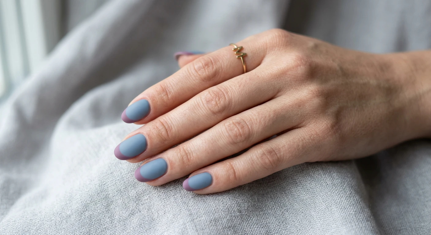 A beautiful macro photograph of one hand showcasing a modern matte French manicure in detail. The nails feature a soft dusty blue base with elegant mauve tips, entirely sealed in a velvety matte finish. High-resolution, sharp focus strictly on the hand and nails, with no faces visible. Shot in a modern, Instagram-worthy photography style against an aesthetic, softly draped light grey linen background to complement the muted tones., macro nail photography, high quality, Instagram-worthy, clean composition