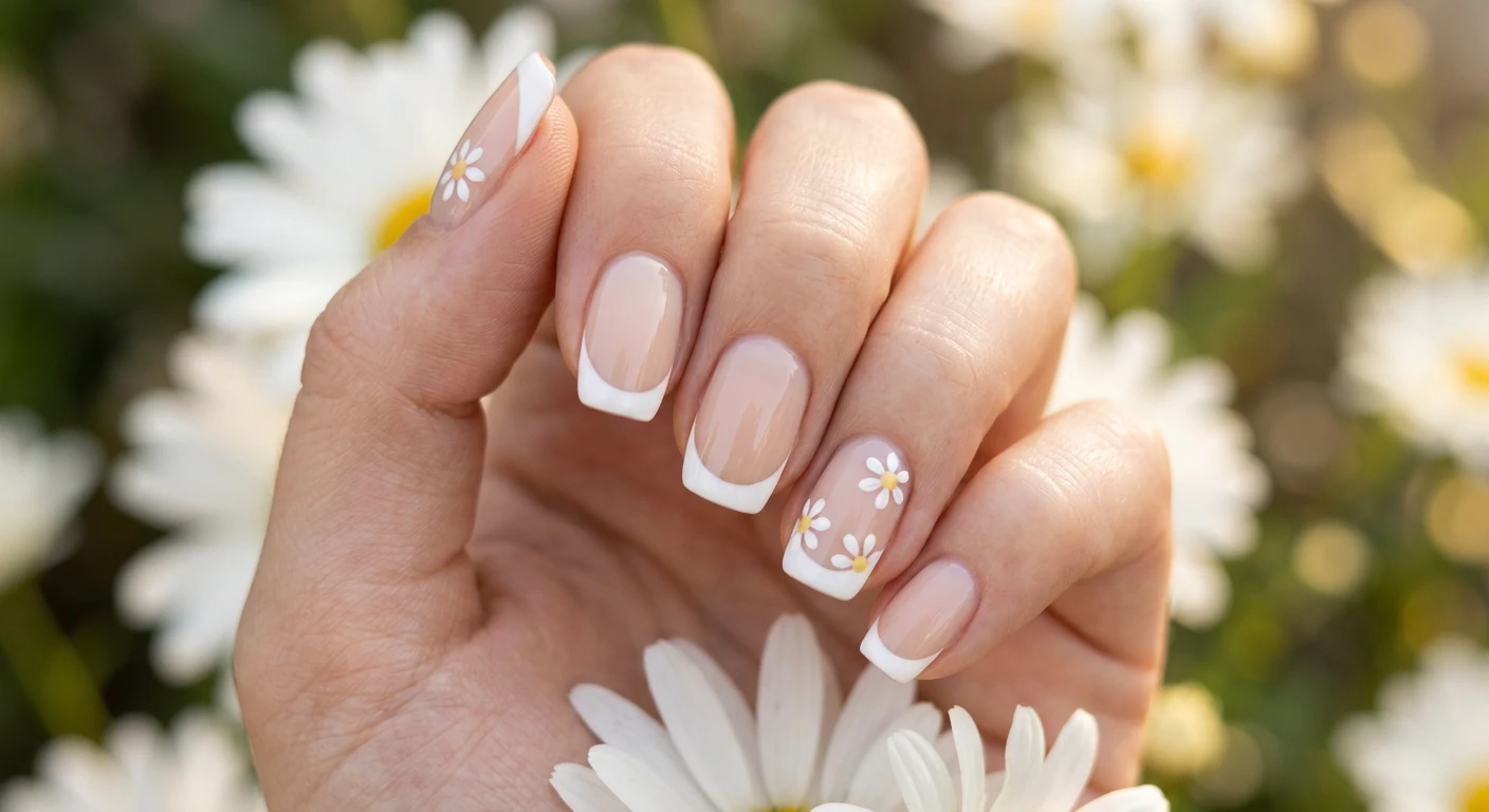 A beautiful macro photograph of one hand showcasing minimalist daisy French tip nail art. High-resolution, sharp focus on the nails. The nails feature a sheer cream base with a classic crisp white French tip. The ring finger and thumb display two tiny white daisies with soft yellow centers sitting right on the edge of the French tip line, blending seamlessly into the white edge. Glossy top coat finish. Aesthetic background with soft, out-of-focus white daisy petals and warm natural sunlight. Modern, Instagram-worthy photography style. No faces visible, focus exclusively on the hand and nails., macro nail photography, high quality, Instagram-worthy, clean composition
