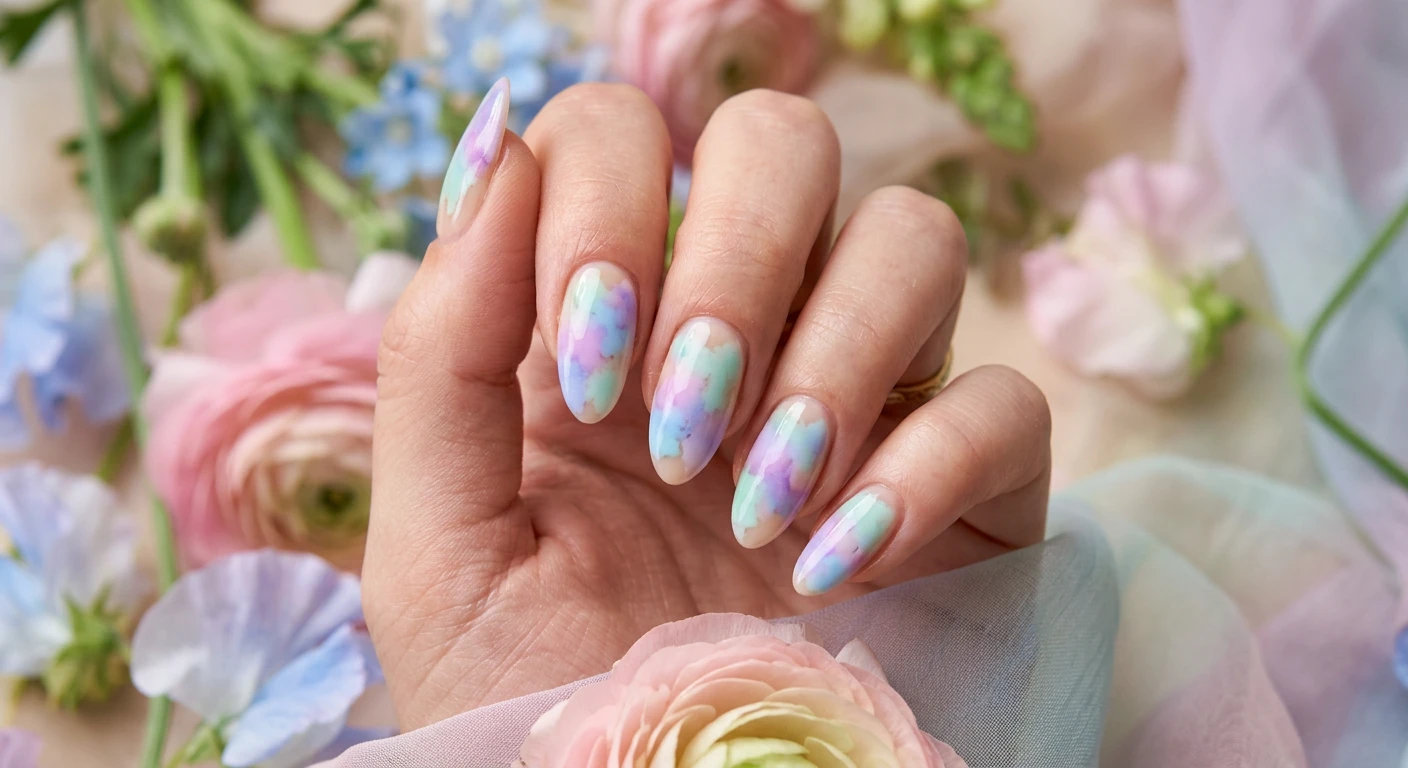 A beautiful macro photograph of one hand showcasing a nail design in detail, featuring medium-length almond nails. The manicure has a sheer beige base coat with abstract, cloud-like splotches of pastel lavender, baby blue, and soft mint green blurring seamlessly into one another like a gentle watercolor painting. High-resolution, sharp focus on the nails. Set against an aesthetic, soft-focus background of delicate spring blooms and sheer pastel chiffon. Modern, Instagram-worthy photography style, no faces visible, focus ONLY on the nails and hand., macro nail photography, high quality, Instagram-worthy, clean composition