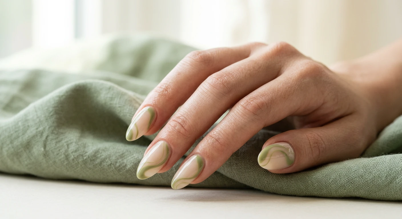 A beautiful macro photograph of one hand showcasing a medium-length almond shaped nail design. The nails feature a sheer, milky beige base polish with thick and thin organic swirls of creamy, muted matcha-green weaving asymmetrically across the tips and edges, creating airy negative space. High-resolution, sharp focus on the nails. The hand rests softly against a bright, minimalist background with soft shadows and a draped sage green linen prop. Modern, Instagram-worthy photography style, soft natural lighting. No faces visible, focus ONLY on the nails and hand., macro nail photography, high quality, Instagram-worthy, clean composition