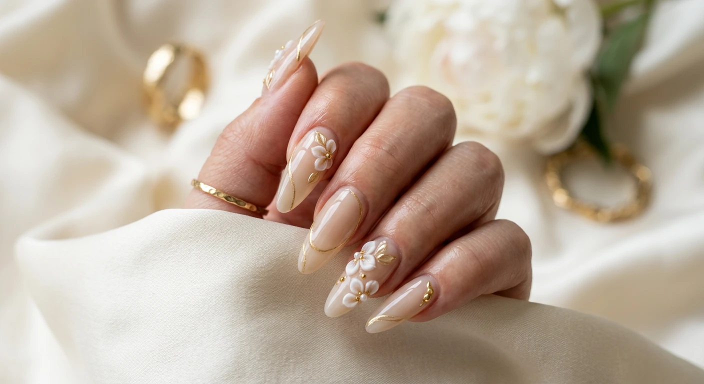 A beautiful macro photograph of one hand showcasing long, tapered almond nails in a sheer, milky beige gel polish with a high-gloss finish that lets the natural lunula slightly peek through, elegantly detailed with delicate spun gold lines and sculpted 3D acrylic blooms. High-resolution, sharp focus on the nails, set against an aesthetic background of softly draped cream silk. Modern, Instagram-worthy photography style. No faces visible, focus ONLY on the nails and hand., macro nail photography, high quality, Instagram-worthy, clean composition