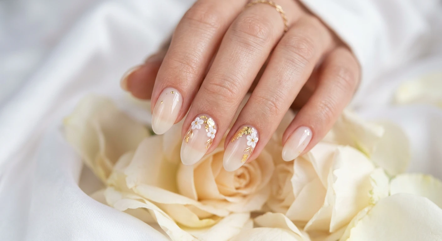 A beautiful macro photograph of one hand showcasing a delicate nail design with a sheer, milky cream translucent base. Scattered gold leaf pieces are meticulously pressed onto the cuticle area of the middle and ring fingers, accented by subtle 3D floral blossoms. High-resolution, sharp focus on the nails. The aesthetic background features a soft, dreamy blur of white silk and vanilla-toned petals. Modern, Instagram-worthy photography style, softly diffused lighting. No faces visible, focus ONLY on the nails and hand., macro nail photography, high quality, Instagram-worthy, clean composition