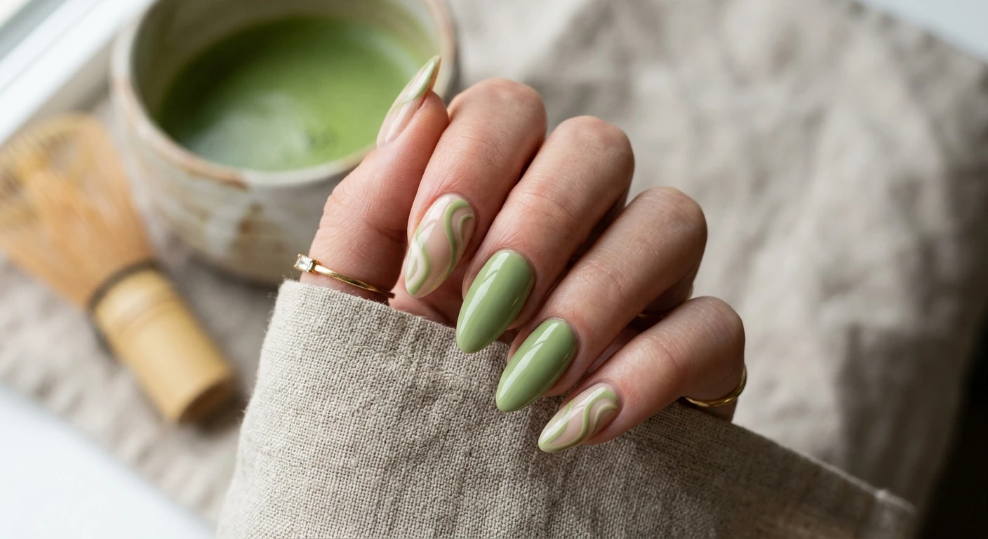 A beautiful macro photograph of one hand showcasing an elegant almond-shaped nail design in detail. The nails feature a soft beige base coat adorned with flowing, abstract creamy matcha green swirls extending from the cuticle to the tip, alternating with solid soft matcha green nails. High-resolution, sharp focus on the nails. Aesthetic background of softly blurred linen and a ceramic matcha bowl. Modern, Instagram-worthy photography style. No faces visible, focus ONLY on the nails and hand., macro nail photography, high quality, Instagram-worthy, clean composition