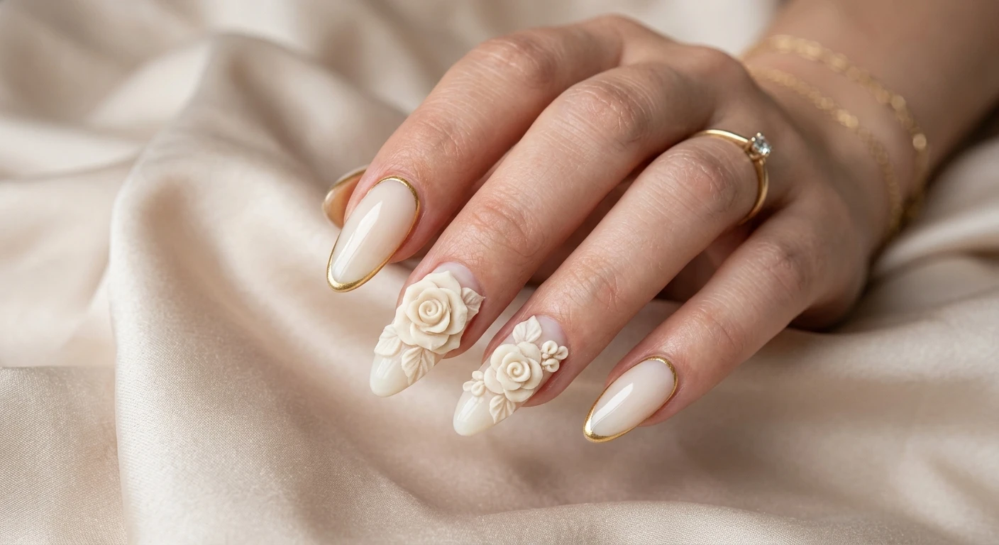 A beautiful macro photograph of one hand showcasing long almond-shaped nails painted in a semi-sheer cream base. The index and pinky fingers feature a solid glossy cream finish with a micro-thin metallic gold line carefully painting the outline of the cuticle. The middle and ring fingers boast large, expertly sculpted 3D acrylic cream roses. High-resolution, sharp focus on the nails. Aesthetic soft silk fabric background. Modern, Instagram-worthy photography style. No faces visible, focus exclusively on the nails and hand., macro nail photography, high quality, Instagram-worthy, clean composition