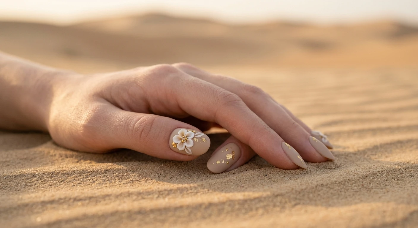 A beautiful macro photograph of one hand showcasing a minimalist nail design, featuring a matte sand-toned beige base adorned with delicate 3D floral sculptures and subtle gold foil detailing. High-resolution, sharp focus on the nails. The hand rests softly against an aesthetic background of softly rippled desert sand under warm, golden hour lighting. Modern, Instagram-worthy photography style. No faces visible, focus ONLY on the nails and hand., macro nail photography, high quality, Instagram-worthy, clean composition