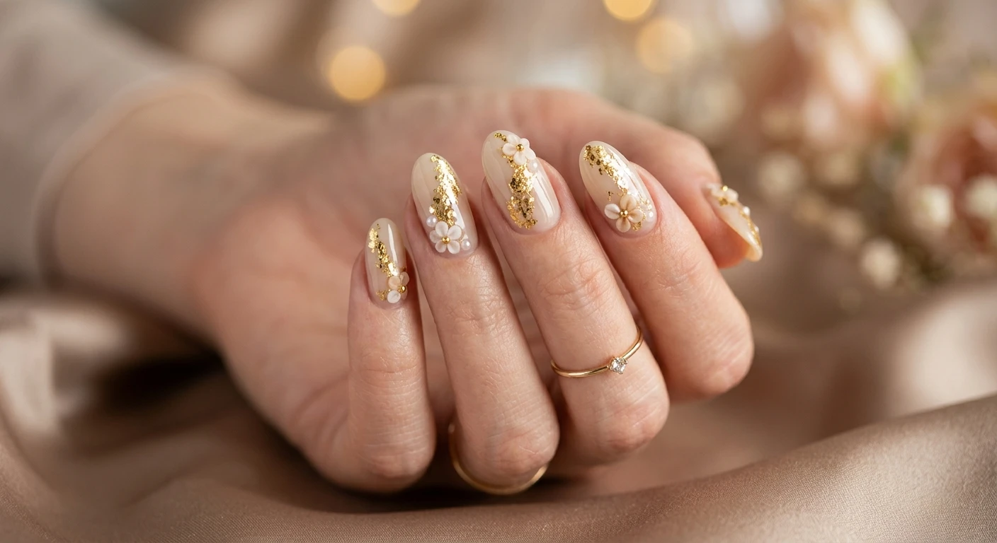 A beautiful macro photograph of one hand showcasing a nail design of subtle beige blossoms and a gold foil cascade. The nails feature a milky beige base adorned with delicate 3D floral accents and brilliant metallic gold foil flashes. High-resolution, sharp focus ONLY on the nails and hand, no faces visible. Modern, Instagram-worthy photography style. Soft, dreamy background with blurred beige silk fabric and warm ambient lighting., macro nail photography, high quality, Instagram-worthy, clean composition