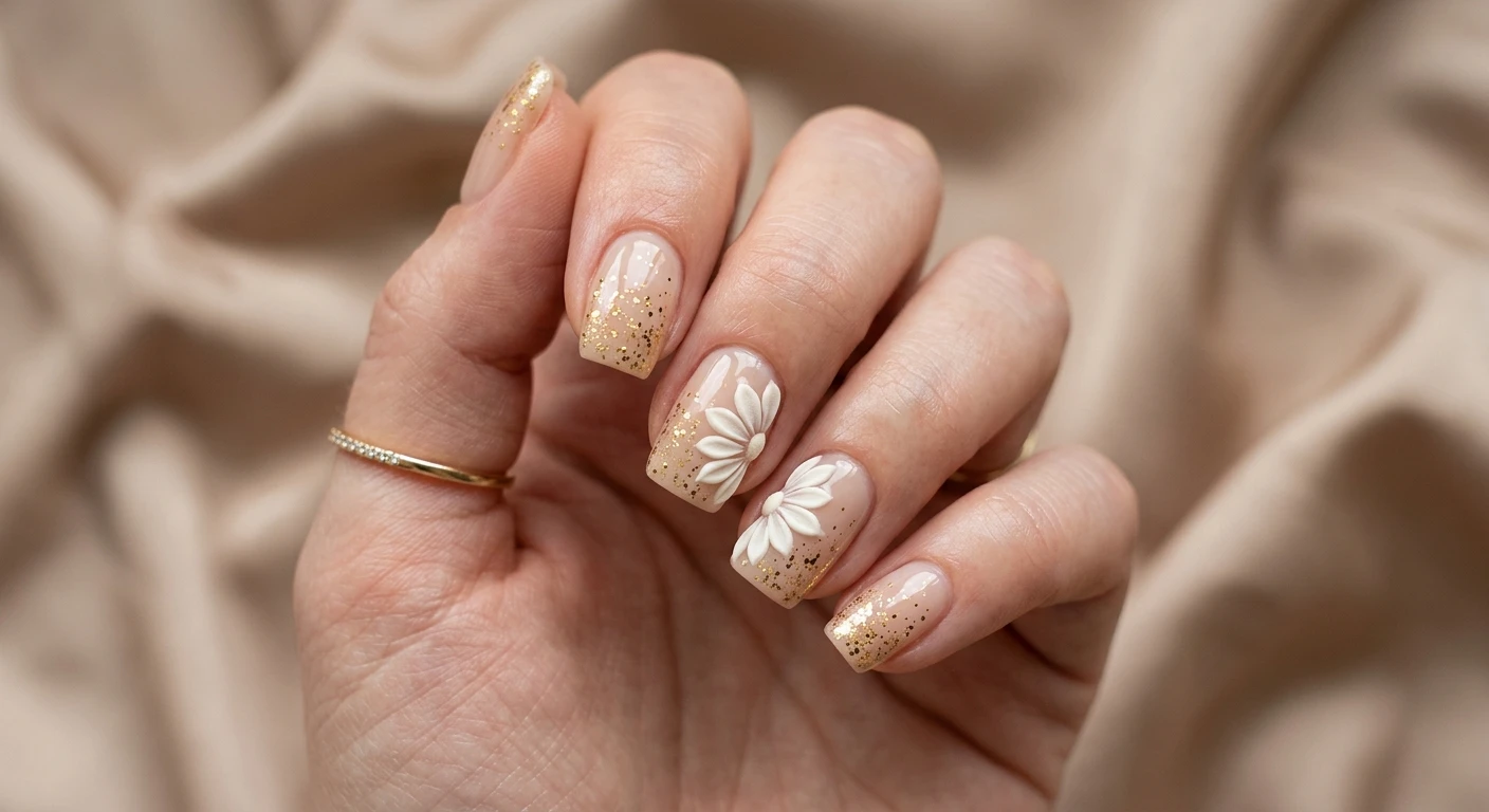 A beautiful macro photograph of one hand showcasing a stunning nail design, high-resolution, sharp focus on the nails. The nails feature a flawless, glossy translucent sand base coat with raised, sculpted ivory white daisy petals sweeping diagonally across the ring and middle fingers, boasting a matte finish for textural contrast. A delicate scattering of tiny gold foil speckles is heavily concentrated near the cuticle line and gently fades outwards. The hand is posed elegantly against an aesthetic soft, sandy-toned silk background. Modern, Instagram-worthy photography style, no faces visible, focus strictly on the nails and hand., macro nail photography, high quality, Instagram-worthy, clean composition