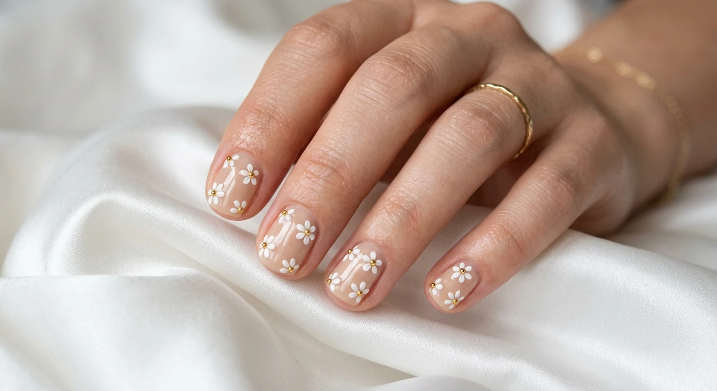 A beautiful macro photograph of one hand showcasing a minimalist micro-daisy scatter nail design. The nails feature a flawless, glossy beige base adorned with tiny, delicate 3D white sculpted daisies randomly scattered across the nail beds, each accented with a tiny, brilliant metallic gold center. High-resolution, sharp focus entirely on the nails. The hand rests softly against a clean, modern background of draped white silk bathed in soft, diffused natural lighting. Modern, elegant, Instagram-worthy photography style. No faces visible, focus only on the hand and the detailed nail art., macro nail photography, high quality, Instagram-worthy, clean composition