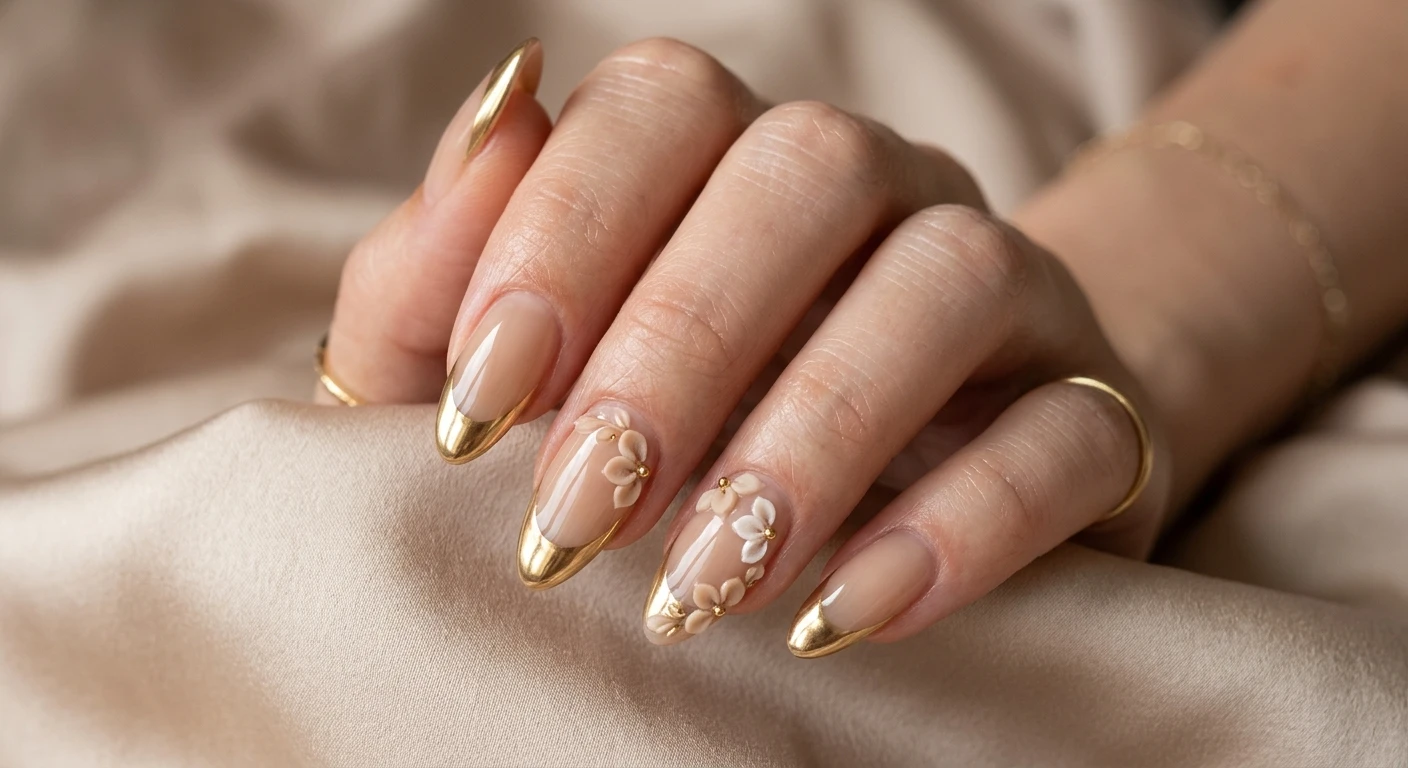 A beautiful macro photograph of one hand showcasing medium-length almond nails with a flawless, semi-sheer translucent beige jelly base. The tips feature crisp, high-shine reflective gold chrome French lines, accented by delicate beige 3D flower petals. High-resolution, sharp focus on the nails. Soft, aesthetic beige silk background. Modern, Instagram-worthy photography style, beautifully lit. No faces visible, focus ONLY on the nails and hand., macro nail photography, high quality, Instagram-worthy, clean composition