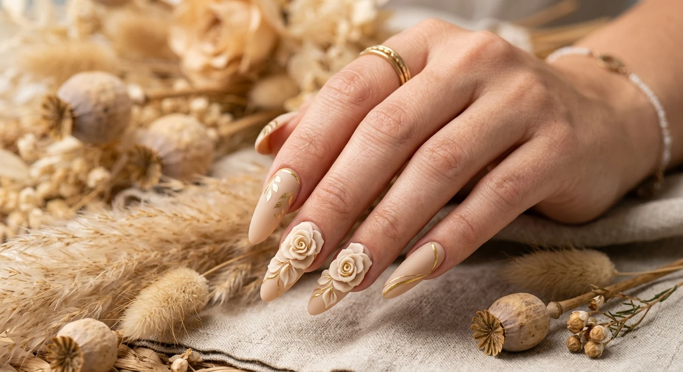 A beautiful macro photograph of one hand showcasing a highly detailed nail design, featuring long, gracefully tapered almond nails painted with a flawless, velvety matte sand-colored base. Intricately sculpted 3D acrylic roses in a lighter cream tone bloom dramatically across the entire nail bed of the ring and middle fingers, accented with delicate hand-painted liquid gold lines. High-resolution, sharp focus on the nails. Modern, Instagram-worthy photography style. The background is an aesthetic, soft-focus arrangement of warm, sandy-toned dried botanicals. No faces visible, focus ONLY on the nails and hand., macro nail photography, high quality, Instagram-worthy, clean composition