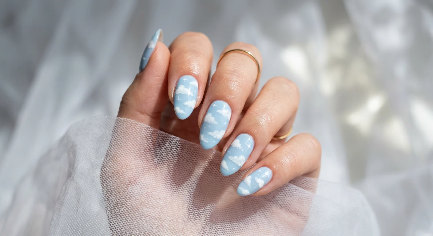 A beautiful macro photograph of one hand showcasing a cloudy day dreamscape nail design in detail. The nails feature a soft baby blue base with delicate, hand-painted fluffy white clouds. High-resolution, sharp focus on the nails. The hand rests gently against a blurred aesthetic background of soft white pastel tulle and gentle dappled sunlight. Modern, Instagram-worthy photography style, softly diffused lighting. No faces visible, focus ONLY on the nails and hand., macro nail photography, high quality, Instagram-worthy, clean composition
