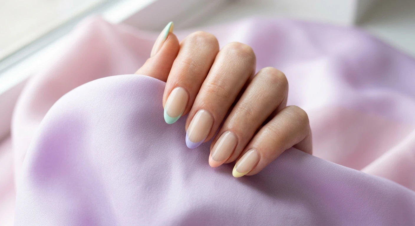 A beautiful macro photograph of one hand showcasing short, neatly filed almond-shaped nails with pastel French micro-tips. The nails feature a sheer creamy beige base coat with ultra-thin, razor-sharp delicate tips painted in a mix of soft spring pastels: mint green, baby blue, lavender, soft peach, and pale yellow. High-resolution, sharp focus on the pristine nail details. The hand rests gently on soft, flowing pastel silk fabric in a bright, modern Instagram-worthy photography style. No faces visible, pure focus on the hand and elegant nails., macro nail photography, high quality, Instagram-worthy, clean composition