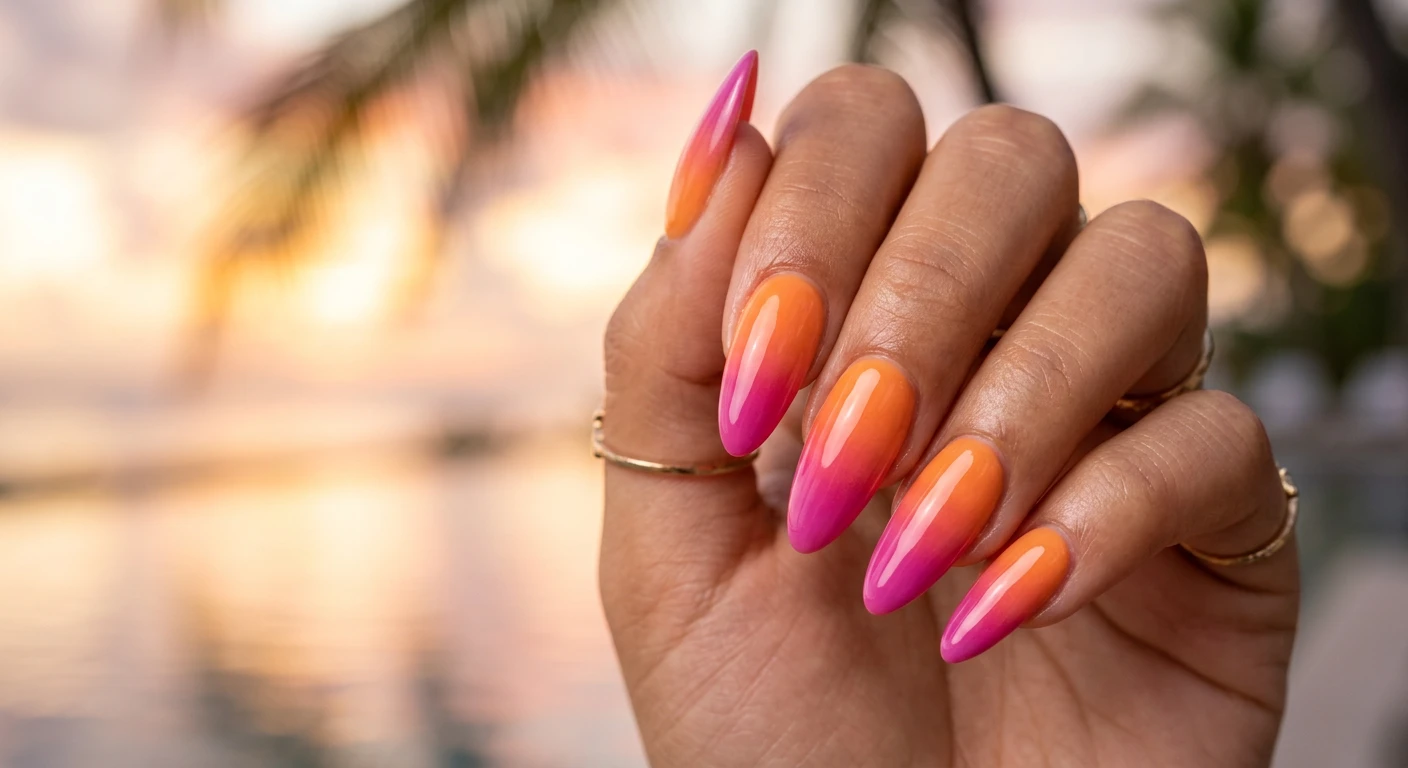 A beautiful macro photograph of one hand showcasing long, elegant almond-shaped nails featuring a seamless vertical gradient. The color transitions from a bright, warm tangerine orange at the cuticles melting beautifully into a vibrant magenta pink at the tips. The manicure has an ultra-glossy, wet-look shine. High-resolution, sharp focus on the nails, set against an aesthetic softly blurred tropical sunrise background. Modern, Instagram-worthy photography style, no faces visible., macro nail photography, high quality, Instagram-worthy, clean composition
