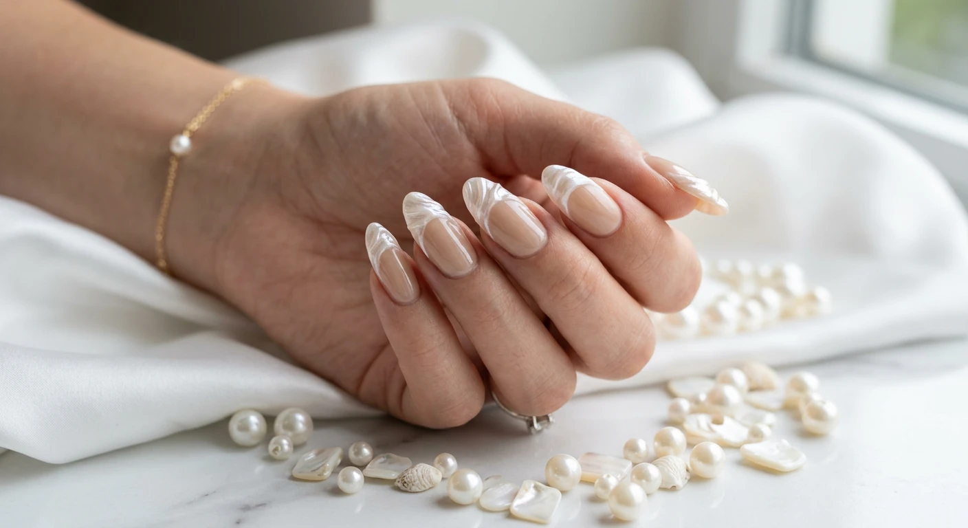 A beautiful macro photograph of one hand showcasing medium-length almond nails with Pearlescent Oyster Shell French Tips. The nail bed is a glossy, sheer sandy beige, while the tips feature sweeping 3D ridges molded from clear builder gel and a luminescent pearl finish to mimic an organic oyster shell. High-resolution, sharp focus on the nails. Aesthetic background of scattered loose pearls and draped white silk. Modern, Instagram-worthy photography style. No faces visible, focus ONLY on the nails and hand., macro nail photography, high quality, Instagram-worthy, clean composition