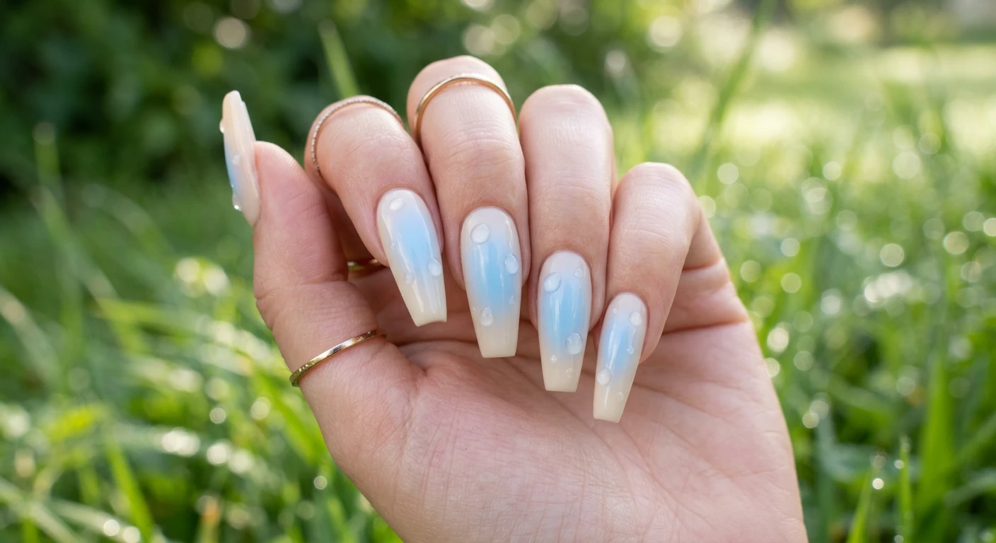 A beautiful macro photograph of one hand showcasing a nail design in detail, featuring stylish, long coffin-shaped nails. The design is a seamless aura effect with an opaque cream color on the outer edges gently diffusing into a glowing, airbrushed center of soft baby blue, finished with scattered dewy droplet accents. High-resolution, sharp focus on the nails. Aesthetic background of blurred, fresh green grass and morning dew catching the light. Modern, Instagram-worthy photography style. No faces visible, focus ONLY on the nails and hand., macro nail photography, high quality, Instagram-worthy, clean composition