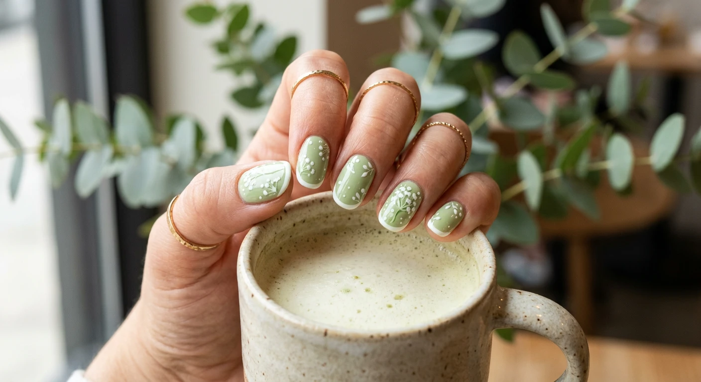 A beautiful macro photograph of one hand showcasing a matcha latte light green nail design adorned with microscopic white baby's breath floral details. High-resolution, sharp focus on the nails. The hand loosely holds a textured ceramic mug, set against an aesthetic background of softly blurred eucalyptus leaves. Modern, Instagram-worthy photography style. No faces visible, focus ONLY on the nails and hand., macro nail photography, high quality, Instagram-worthy, clean composition