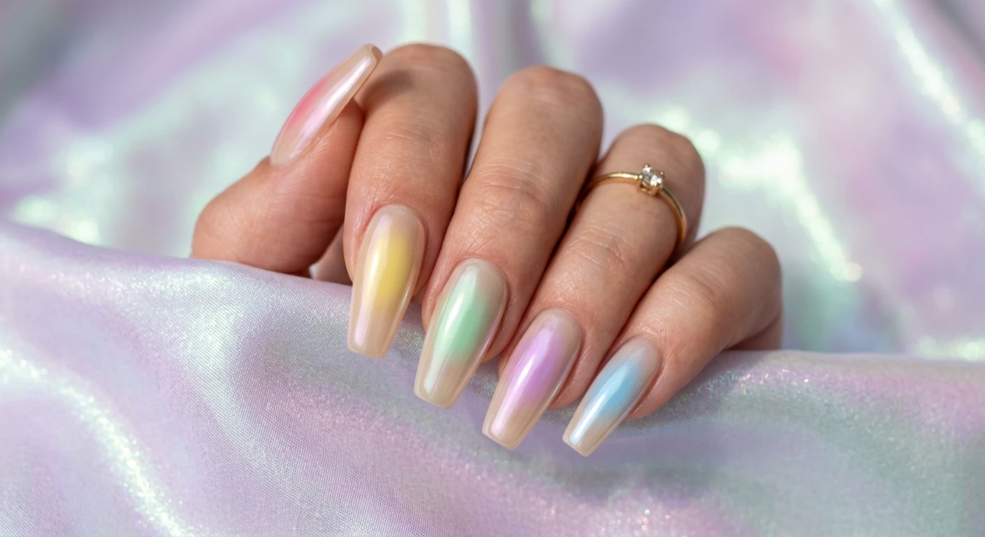A beautiful macro photograph of one hand showcasing Glazed Donut Pastel Aura nail art. Medium-length coffin-shaped nails feature a sheer beige base with a glowing aura-style gradient, where the center of each nail radiates a different bright pastel hue—lilac, mint, soft rose, butter yellow, and sky blue. The design is overlaid with a pearlescent, translucent chrome powder finish. High-resolution, sharp focus on the nails. Aesthetic background of sleek, iridescent glowing silk fabric. Modern, Instagram-worthy photography style. No faces visible, focus ONLY on the nails and hand., macro nail photography, high quality, Instagram-worthy, clean composition