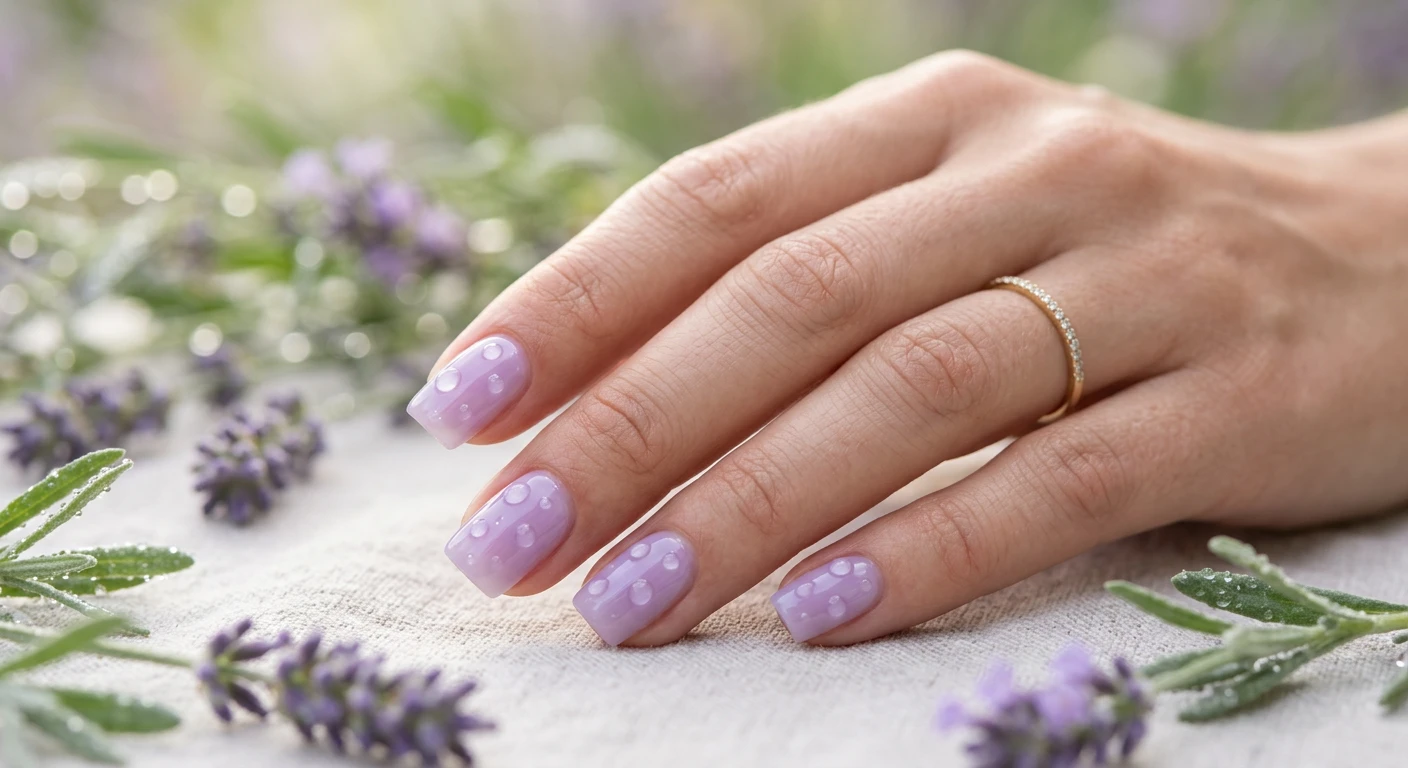 A beautiful macro photograph of one hand showcasing a Sheer Lavender Dewdrops nail design. The nails have a short, crisp square shape painted with a watery, highly translucent lavender-purple jelly base, adorned with tiny, perfectly round 3D water drop details. High-resolution, sharp focus on the nails. The aesthetic background features a soft, dreamy morning dew setting with blurred lavender sprigs. Modern, Instagram-worthy photography style. No faces visible, focus ONLY on the nails and hand., macro nail photography, high quality, Instagram-worthy, clean composition