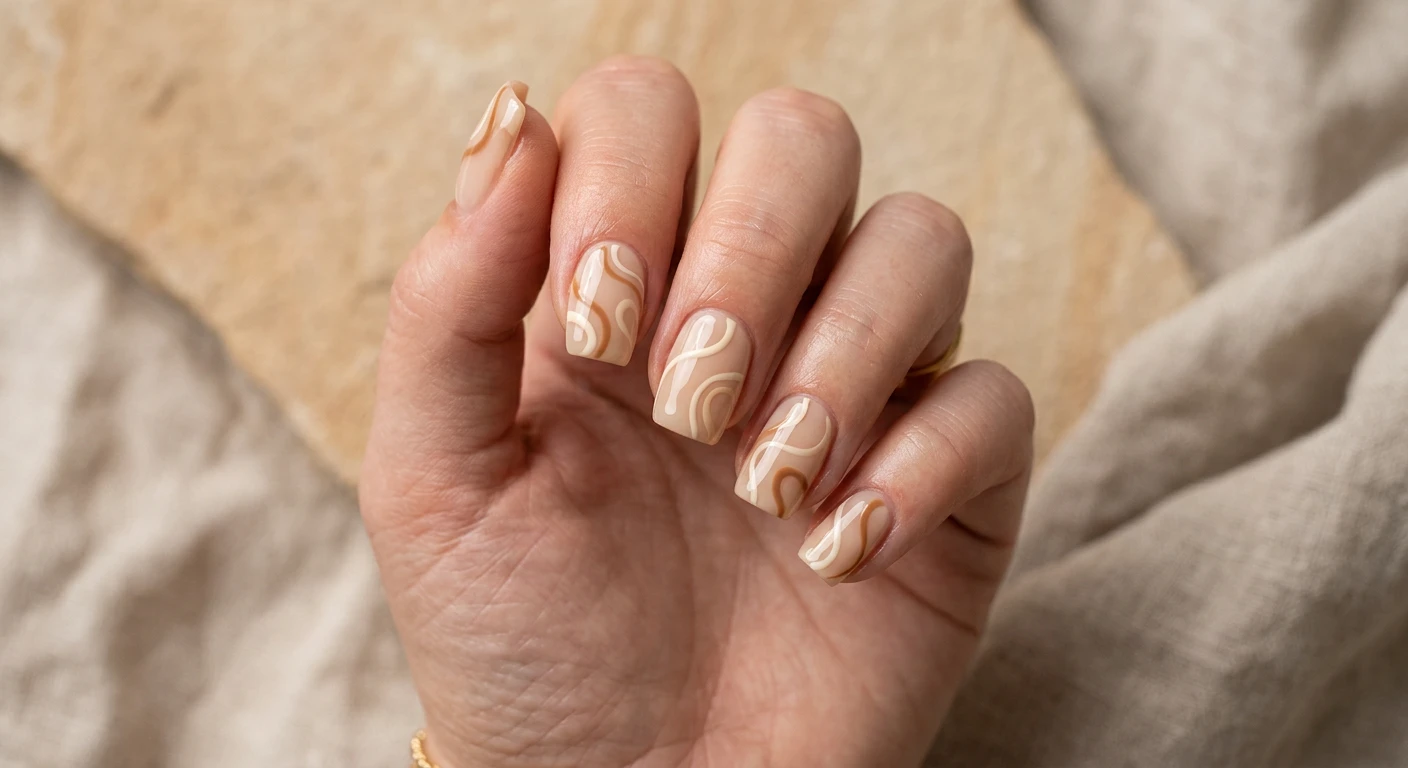 A beautiful macro photograph of one hand showcasing a short squoval nail design in sharp detail. The nails are painted with a semi-sheer beige base and layered with delicate, continuous abstract swirls in rich tan and opaque soft cream polish, finished with a high-shine gloss. High-resolution, modern Instagram-worthy photography style. Set against an aesthetic background of softly lit, textured sandstone and warm neutral linens. No faces visible, focus ONLY on the nails and hand., macro nail photography, high quality, Instagram-worthy, clean composition