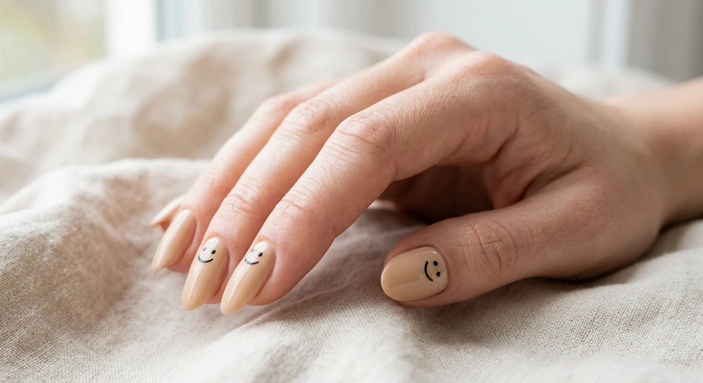 A beautiful macro photograph of one hand showcasing an ultra-minimalist, chic nail design on soft almond-shaped nails. The nails feature a flawless, creamy tan base polish with a tiny, meticulously hand-painted black smiley face placed delicately right near the cuticle line on the ring finger and thumb. High-resolution, sharp focus on the nails. The background is an aesthetic, clean, and bright minimalist setting with soft beige linens. Modern, Instagram-worthy photography style. No faces visible, focus ONLY on the nails and hand., macro nail photography, high quality, Instagram-worthy, clean composition