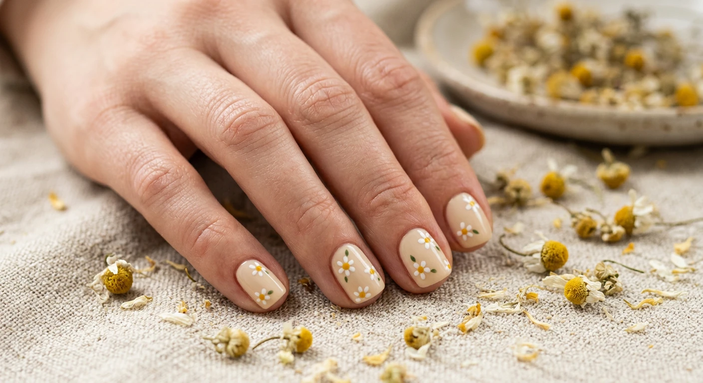 A beautiful macro photograph of one hand showcasing a nail design in detail, featuring short, natural squoval shape nails. The manicure is painted with a smooth, fully opaque warm cream base color, sparsely decorated with tiny, delicately hand-painted micro-daisies featuring bright mustard-yellow centers and crisp white petals. High-resolution, sharp focus on the nails. Set against an aesthetic background of dried chamomile flowers and cozy neutral linen fabric. Modern, Instagram-worthy photography style, no faces visible, focus ONLY on the nails and hand., macro nail photography, high quality, Instagram-worthy, clean composition