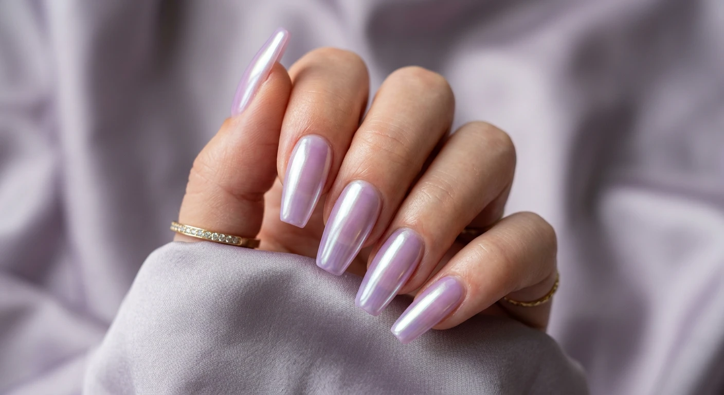 A beautiful macro photograph of one hand showcasing medium-length coffin-shaped nails. The design features a sheer, jelly-like lilac purple base coated with a pearlescent white chrome powder, creating a highly reflective, glazed, and luminous ethereal finish. High-resolution, sharp focus on the nails and hand only, no faces visible. Modern, Instagram-worthy photography style with an aesthetic background of draped soft silk fabric and gentle morning light enhancing the sheer lilac glow., macro nail photography, high quality, Instagram-worthy, clean composition