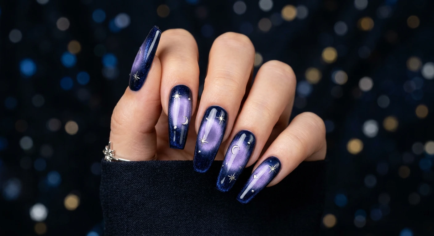 A beautiful macro photograph of one hand showcasing long coffin-shaped nails painted with a dark midnight navy-blue magnetic polish creating a multidimensional crushed velvet texture. The center of each nail features a soft, airbrushed, glowing lavender aura fading into the dark blue edges, finished with tiny, delicate silver starburst decals. High-resolution, sharp focus on the nails. The hand is posed elegantly against a dark, moody background with subtle, blurred bokeh lights resembling a starry night sky. Modern, Instagram-worthy photography style, dramatic studio lighting. No faces visible, focus ONLY on the nails and hand., macro nail photography, high quality, Instagram-worthy, clean composition