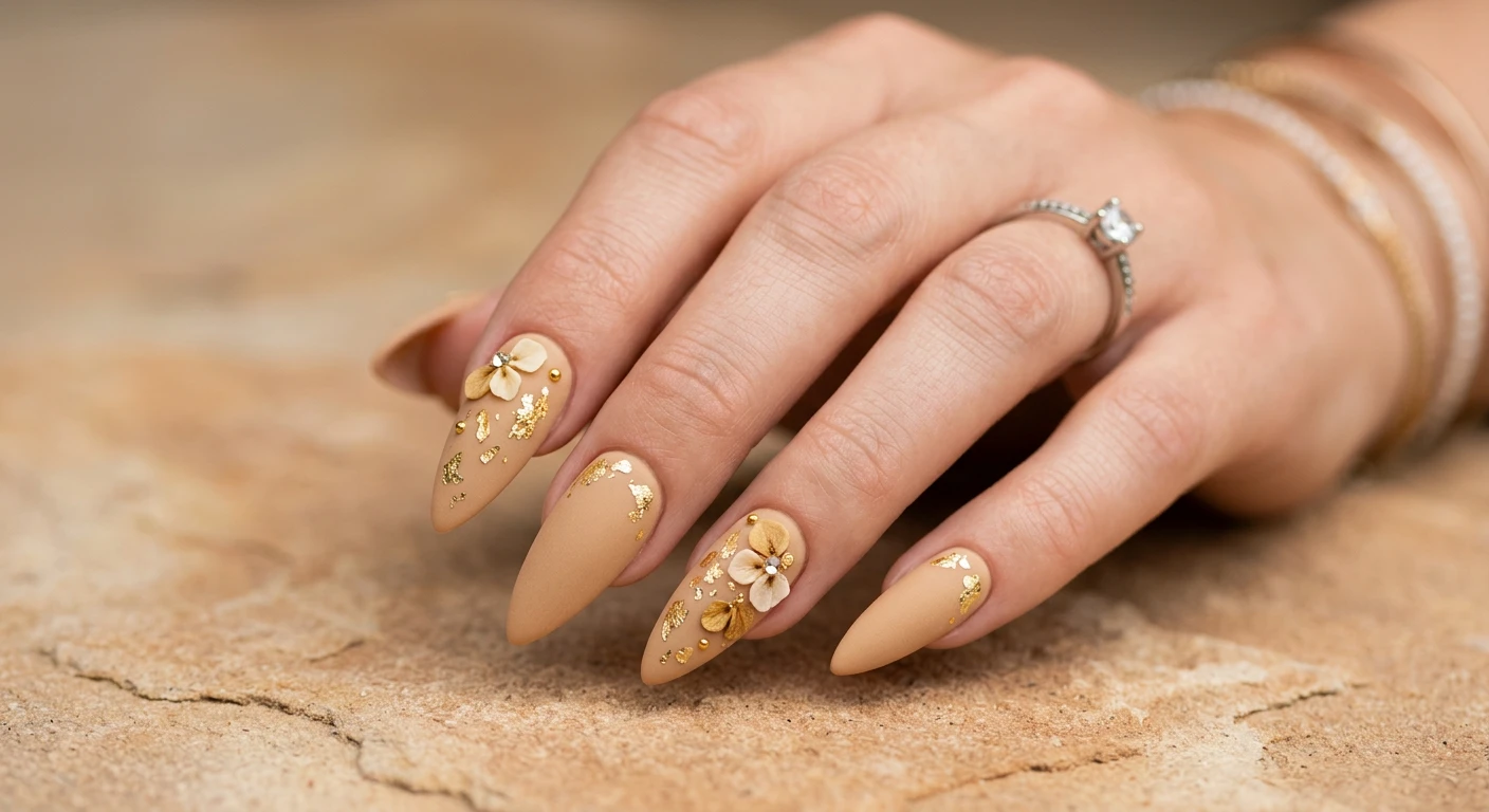 A beautiful macro photograph of one hand showcasing sharp, medium-length stiletto nails painted in a warm, opaque sand-toned gel polish and sealed with a velvet matte finish, beautifully embellished with scattered gold flakes and tiny 3D flower petals. High-resolution, sharp focus on the nails, set against an aesthetic background of warm, minimalist textured sandstone. Modern, Instagram-worthy photography style. No faces visible, focus ONLY on the nails and hand., macro nail photography, high quality, Instagram-worthy, clean composition