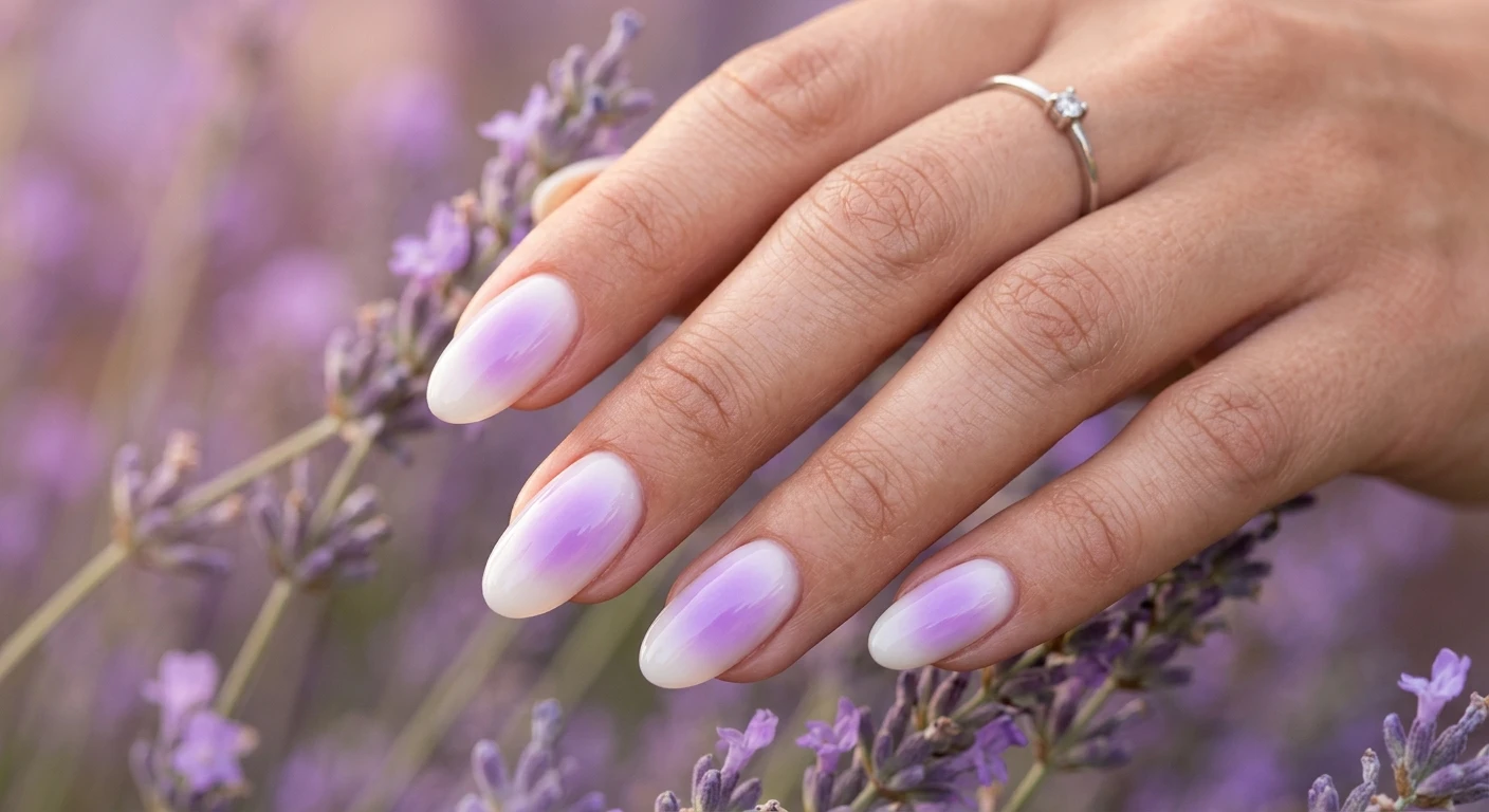 A beautiful macro photograph of one hand showcasing medium-length oval-shaped nails in detail. The design highlights a mesmerizing aura effect where the milky cream base on the outer edges fades seamlessly into a soft, glowing lavender purple center with a perfectly smooth gradient. High-resolution, sharp focus on the nails. Aesthetic background featuring soft, diffused purple lighting and blurred lavender sprigs. Modern, Instagram-worthy photography style. No faces visible, focus ONLY on the nails and hand., macro nail photography, high quality, Instagram-worthy, clean composition