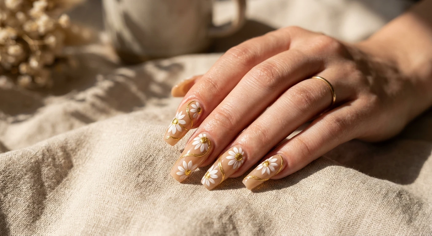 A beautiful macro photograph of one hand showcasing medium-length coffin nails painted with a warm, semi-translucent sand-colored base. The nails are adorned with flat, hand-painted white daisies boasting ultra-reflective gold foil centers, elegantly wrapped with slender, curling metallic gold wire embellishments. High-resolution, sharp focus on the nails. Aesthetic background featuring sunlit textured linen and soft, warm shadows. Modern, Instagram-worthy photography style. No faces visible, focus ONLY on the nails and hand., macro nail photography, high quality, Instagram-worthy, clean composition