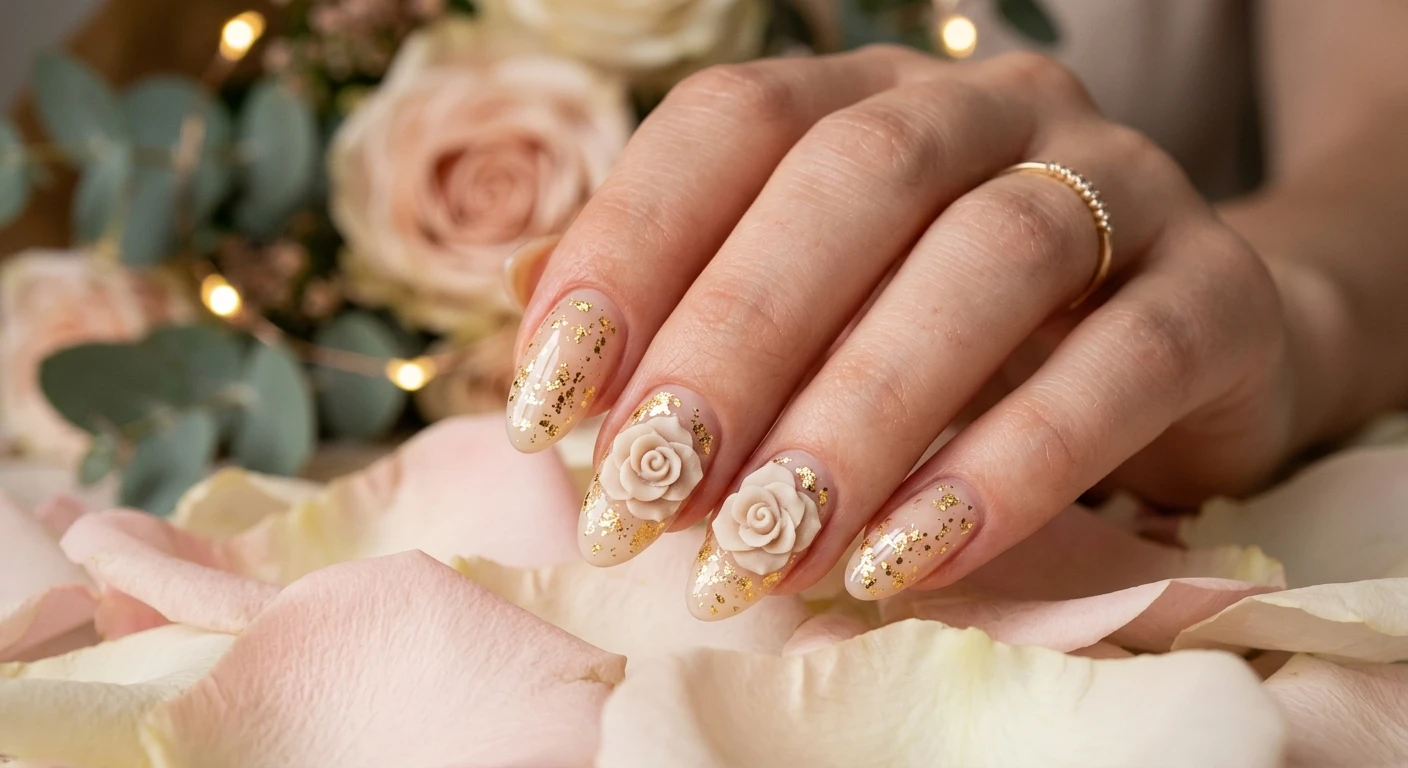 A beautiful macro photograph of one hand showcasing a stunning nail design, high-resolution, sharp focus on the nails. The nails feature an ultra-sheer, warm cream base coat with a high-shine finish, adorned with sculpted 3D roses in a soft, dusty ivory shade sitting prominently on alternating nails. Brilliant, irregular gold leaf speckles are generously dusted over the sheer base and nestled between the rose petals, catching the light perfectly. The hand is posed against an aesthetic background of blurred warm romantic lighting and soft blush rose petals. Modern, Instagram-worthy photography style, no faces visible, focus strictly on the nails and hand., macro nail photography, high quality, Instagram-worthy, clean composition