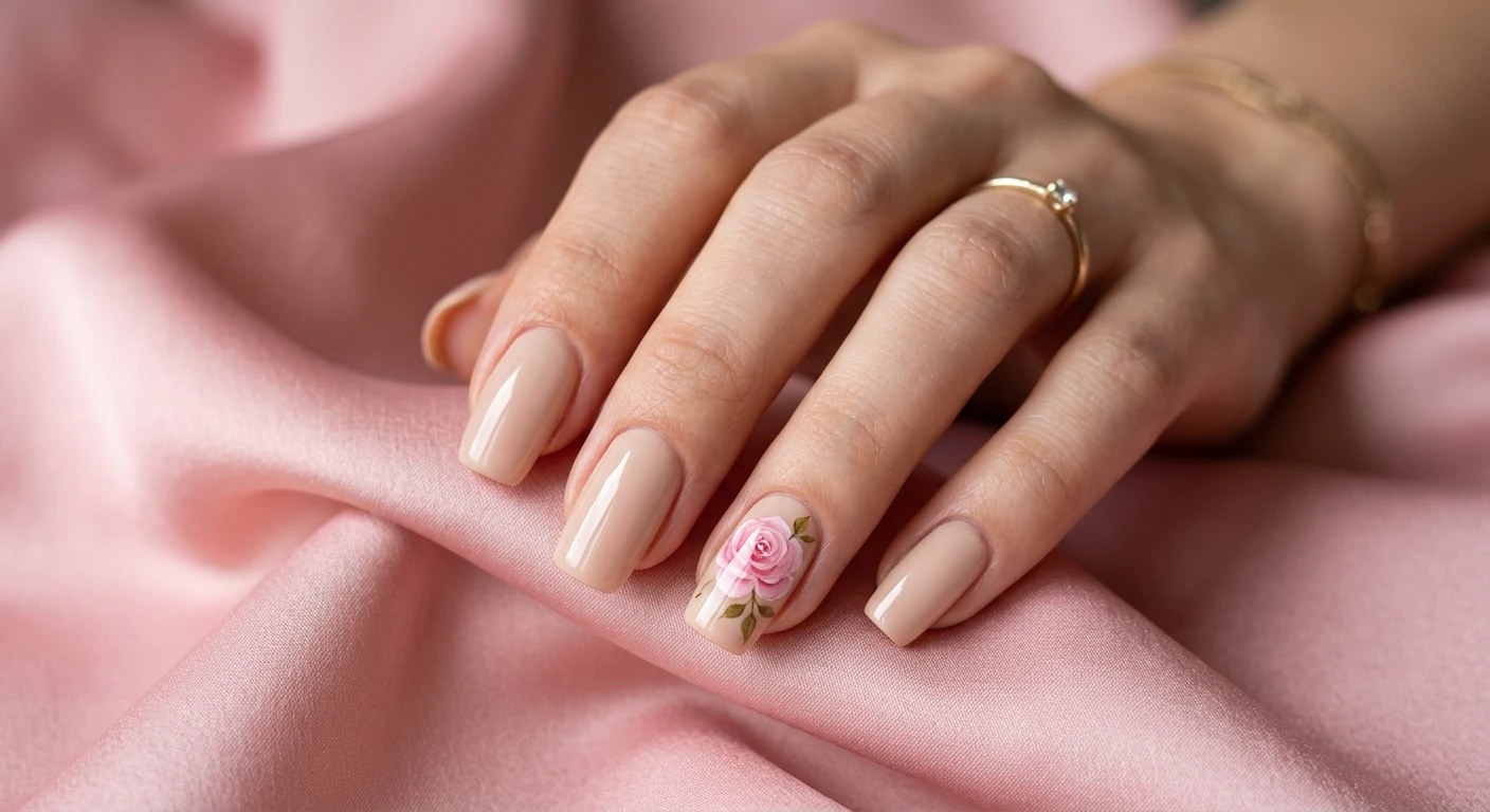 A beautiful macro photograph of one hand showcasing an elegant floral accent nail design. High-resolution, sharp focus on the nails. All nails have a uniform, opaque soft beige base with a sleek, glossy finish. The ring finger exclusively features a delicate, single watercolor-style pink rose painted near the cuticle, showing translucent, overlapping pink petals and tiny olive-green leaves. Aesthetic background featuring soft, blurred draped pink silk. Modern, Instagram-worthy photography style. No faces visible, focus exclusively on the hand and nails., macro nail photography, high quality, Instagram-worthy, clean composition
