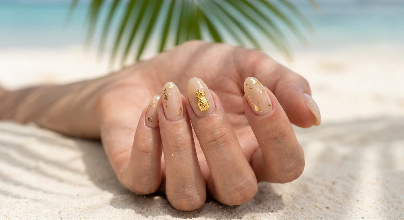 A beautiful macro photograph of one hand showcasing a minimalist golden pineapple charm nail design. The nails have a glossy, sheer beige base elegantly decorated with delicate, tiny metallic gold pineapple charms and fine gold foil accents. High-resolution, sharp focus on the nails. The aesthetic background features soft, blurred white sand and a subtle green palm leaf shadow. Modern, clean, elegant, Instagram-worthy photography style. No faces visible, focus strictly on the hand and nails., macro nail photography, high quality, Instagram-worthy, clean composition