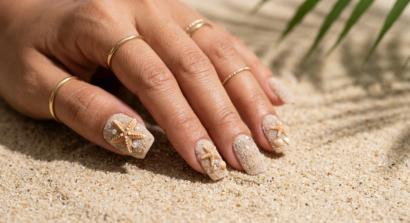 A beautiful macro photograph of one hand showcasing a 3D textured starfish and sugared sand nail design in sharp detail. The nails feature raised, realistic 3D starfish accents over a textured, matte sand-like polish. High-resolution, sharp focus on the nails. Aesthetic background featuring fine, sunlit beach sand and subtle tropical palm shadows. Modern, Instagram-worthy photography style. No faces visible, focus ONLY on the nails and hand., macro nail photography, high quality, Instagram-worthy, clean composition