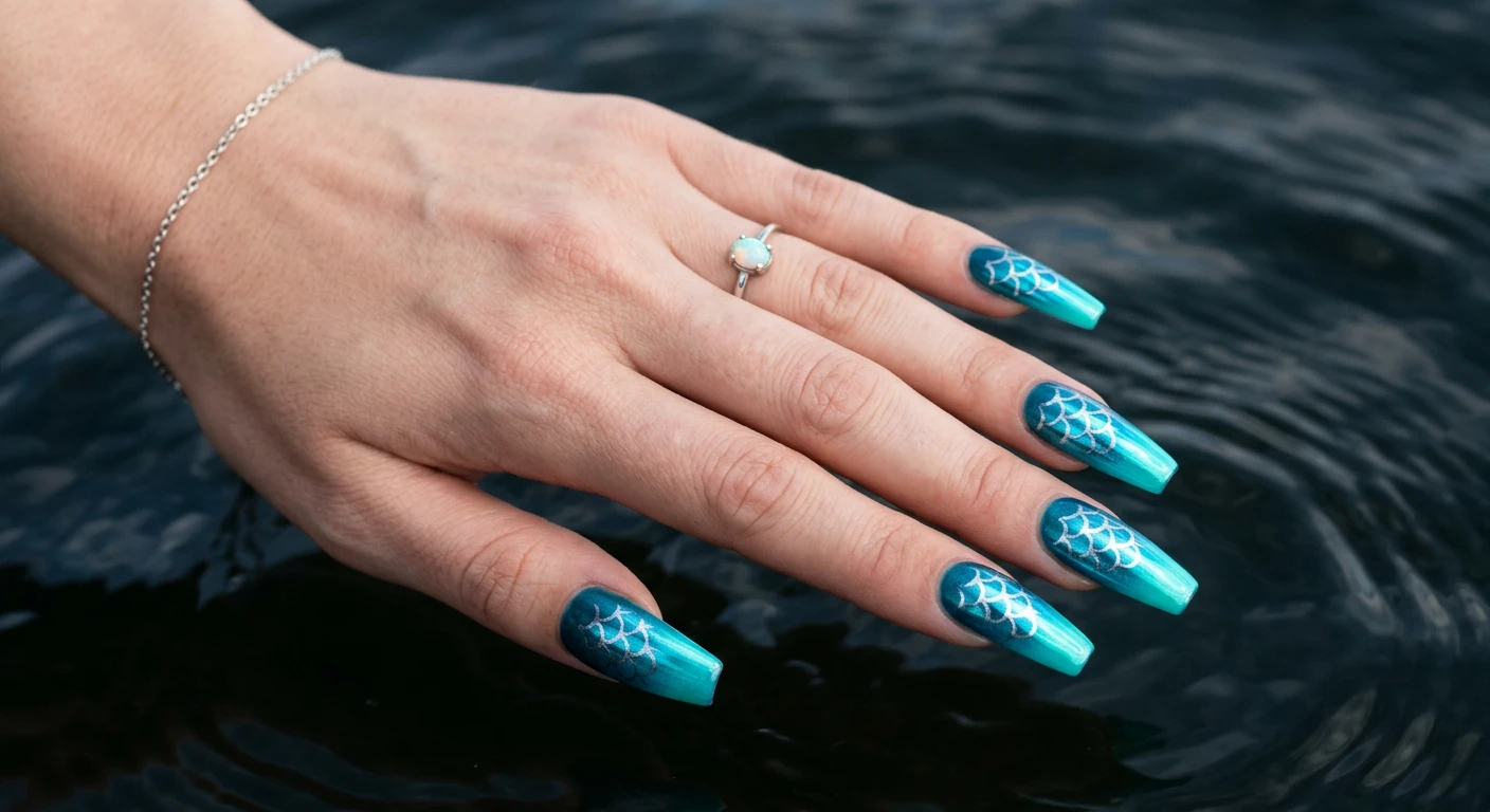 A beautiful macro photograph of one hand showcasing long coffin nails with Aqua Chrome Siren Scales. The design features a gradient base transitioning from deep ocean teal at the cuticle to vibrant turquoise at the tips, overlaid with a brilliant aqua-blue chrome liquid metal effect and hand-painted intricate overlapping metallic silver scales. High-resolution, sharp focus on the nails. Aesthetic background of dark, moody, rippling ocean water. Modern, Instagram-worthy photography style. No faces visible, focus ONLY on the nails and hand., macro nail photography, high quality, Instagram-worthy, clean composition