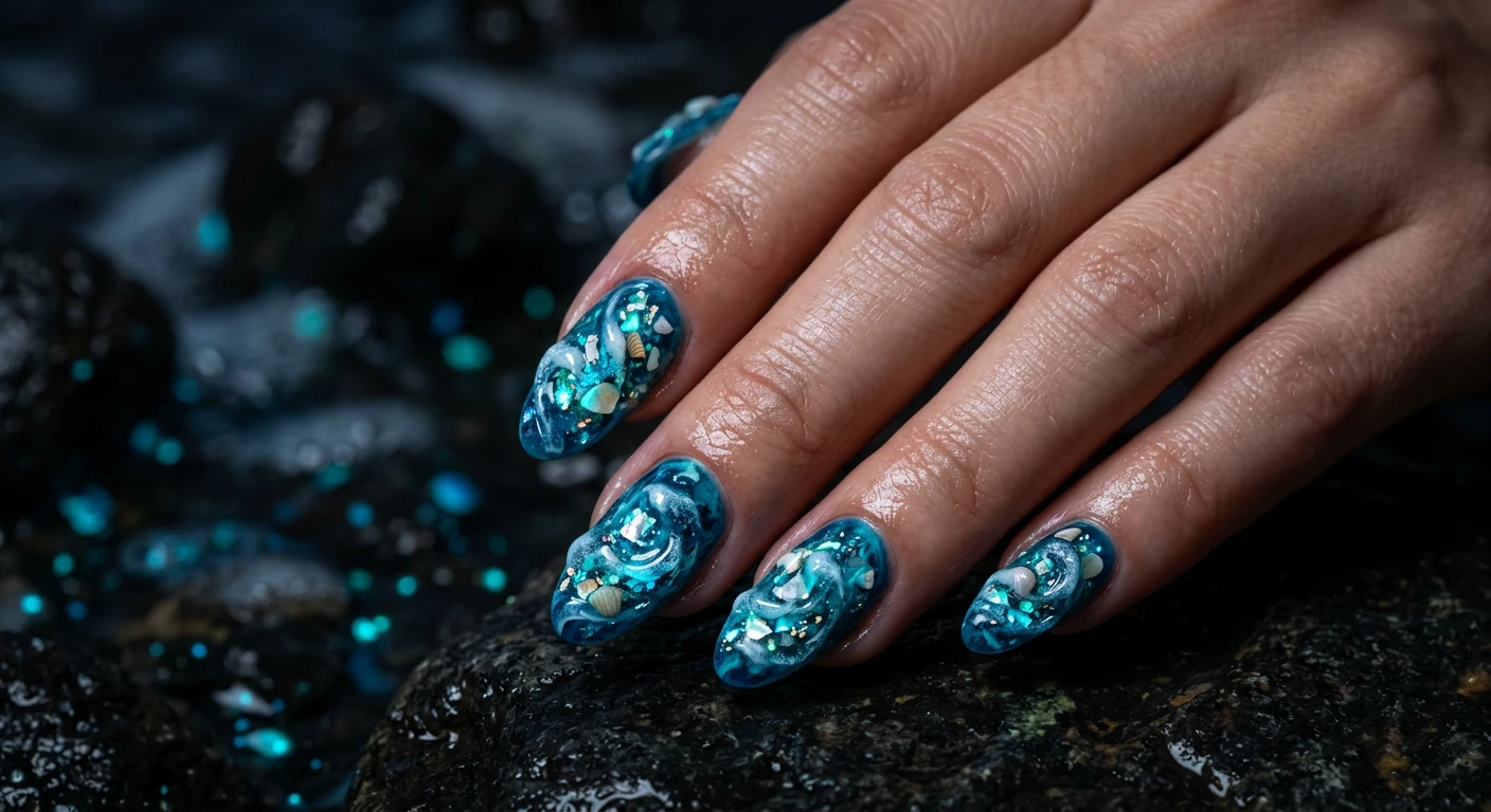 A beautiful macro photograph of one hand showcasing a Bioluminescent Ocean Waves nail design in detail. The nails feature a deep ocean blue and teal marbled base covered in 3D sculpted clear gel waves, embedded with tiny crushed seashells and iridescent glitter flakes, emitting an intense teal glow resembling a luminescent plankton tide. High-resolution, sharp focus on the nails. The aesthetic background consists of dark, wet coastal rocks and softly glowing bioluminescent water droplets. Modern, Instagram-worthy photography style, no faces visible, focus ONLY on the nails and hand., macro nail photography, high quality, Instagram-worthy, clean composition