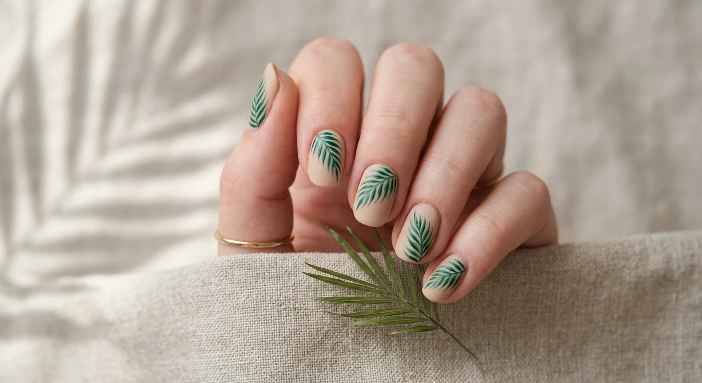 A beautiful macro photograph of one hand showcasing a detailed nail design, featuring a velvet matte sand-colored base coat with delicate, hand-painted emerald green palm fronds originating from the cuticles and sweeping diagonally across the nail bed in a minimalist aesthetic. High-resolution, sharp focus on the nails. Aesthetic minimalist background of natural linen and a soft palm leaf shadow. Modern, Instagram-worthy photography style. No faces visible, focus ONLY on the nails and hand., macro nail photography, high quality, Instagram-worthy, clean composition