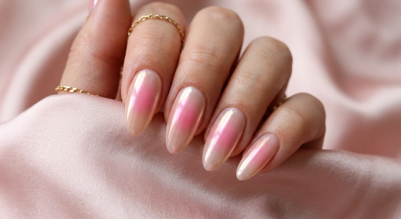 A beautiful macro photograph of one hand showcasing a glazed donut blush aura nail design in detail. The nails display a trendy gradient with a concentrated soft pink blush center that diffuses outward, topped with a hyper-glossy, iridescent pearlescent chrome finish. High-resolution, sharp focus on the nails. Aesthetic background of draped blush silk fabric catching soft glowing light. Modern, Instagram-worthy photography style. No faces visible, focus ONLY on the nails and hand., macro nail photography, high quality, Instagram-worthy, clean composition