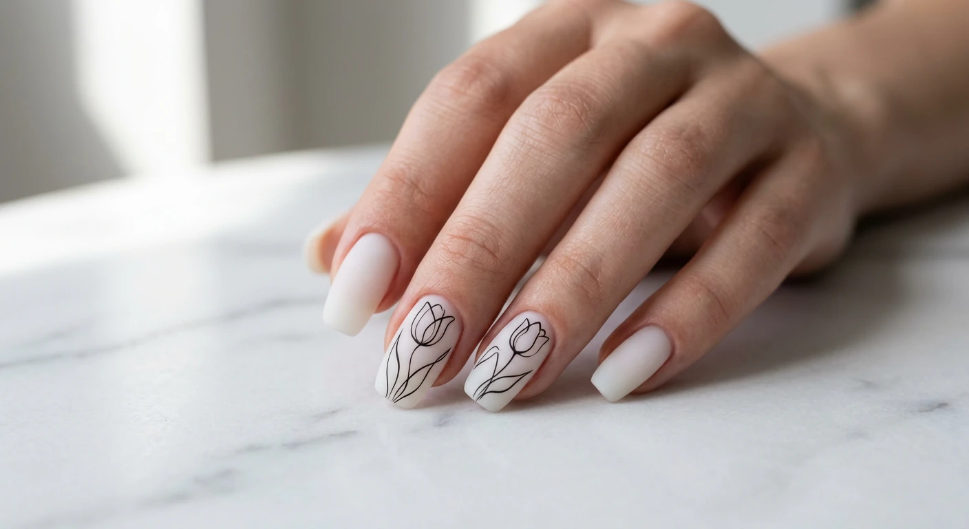 A beautiful macro photograph of one hand showcasing modern abstract botanical nail art. High-resolution, sharp focus on the nails. The nails feature a milky translucent white base finished with a velvet matte top coat. Fine, continuous black line-art depicting abstract tulip silhouettes flows across the middle and ring fingers in a stark, clean, and modern design. Aesthetic minimalist background featuring smooth white marble and soft architectural shadows. Modern, Instagram-worthy photography style. No faces visible, focus exclusively on the hand and nails., macro nail photography, high quality, Instagram-worthy, clean composition