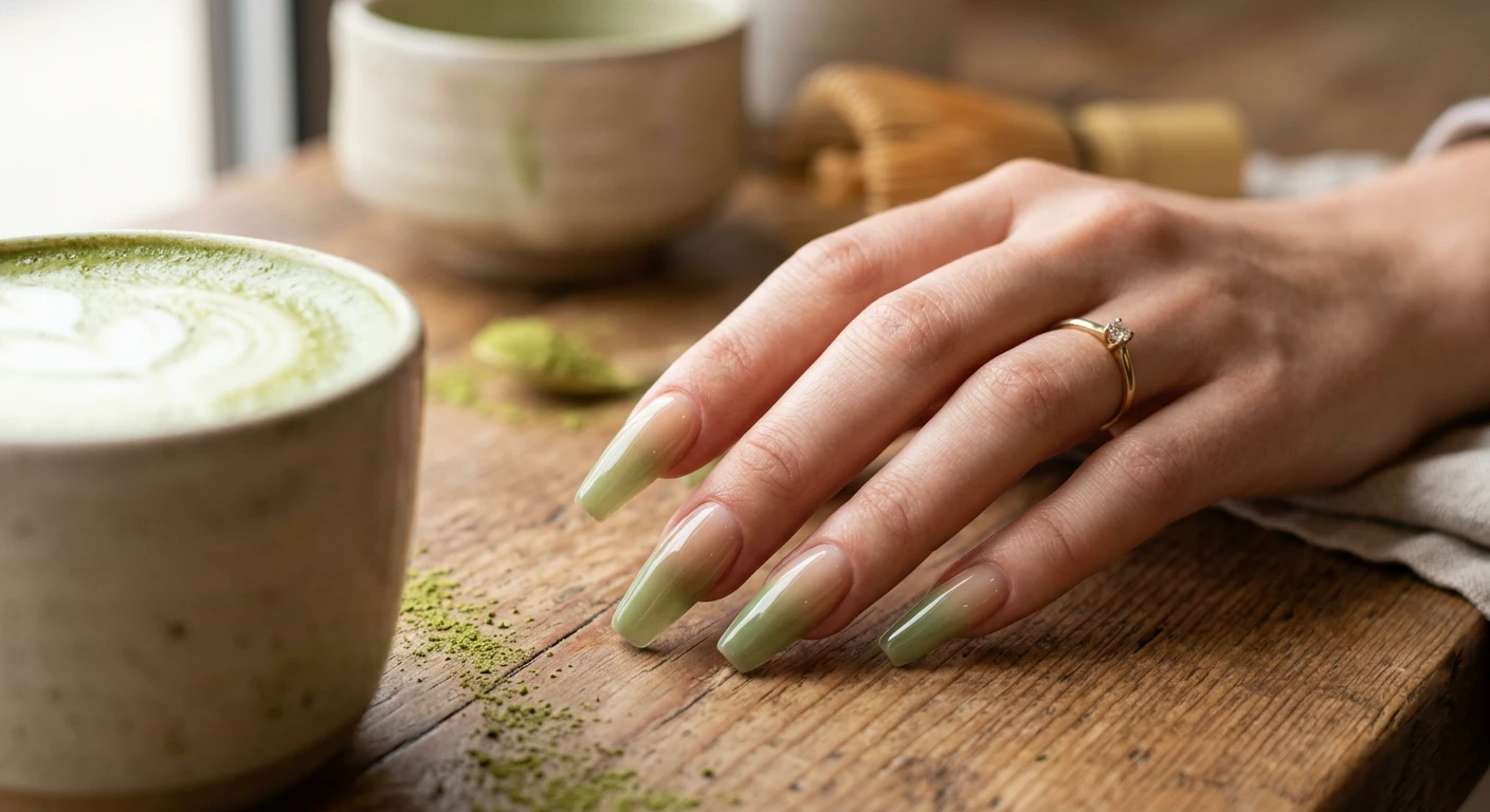A beautiful macro photograph of one hand showcasing a Matcha Latte Jelly Fade nail design. The nails feature a long, elegant coffin shape with a slow, seamless color transition starting from a sheer, glossy beige and soft tan at the cuticle, fading beautifully into a translucent matcha green at the tips. High-resolution, sharp focus on the nails. The aesthetic background highlights warm cafe tones with blurred elements of matcha powder and creamy milk swirls. Modern, Instagram-worthy photography style. No faces visible, focus ONLY on the nails and hand., macro nail photography, high quality, Instagram-worthy, clean composition