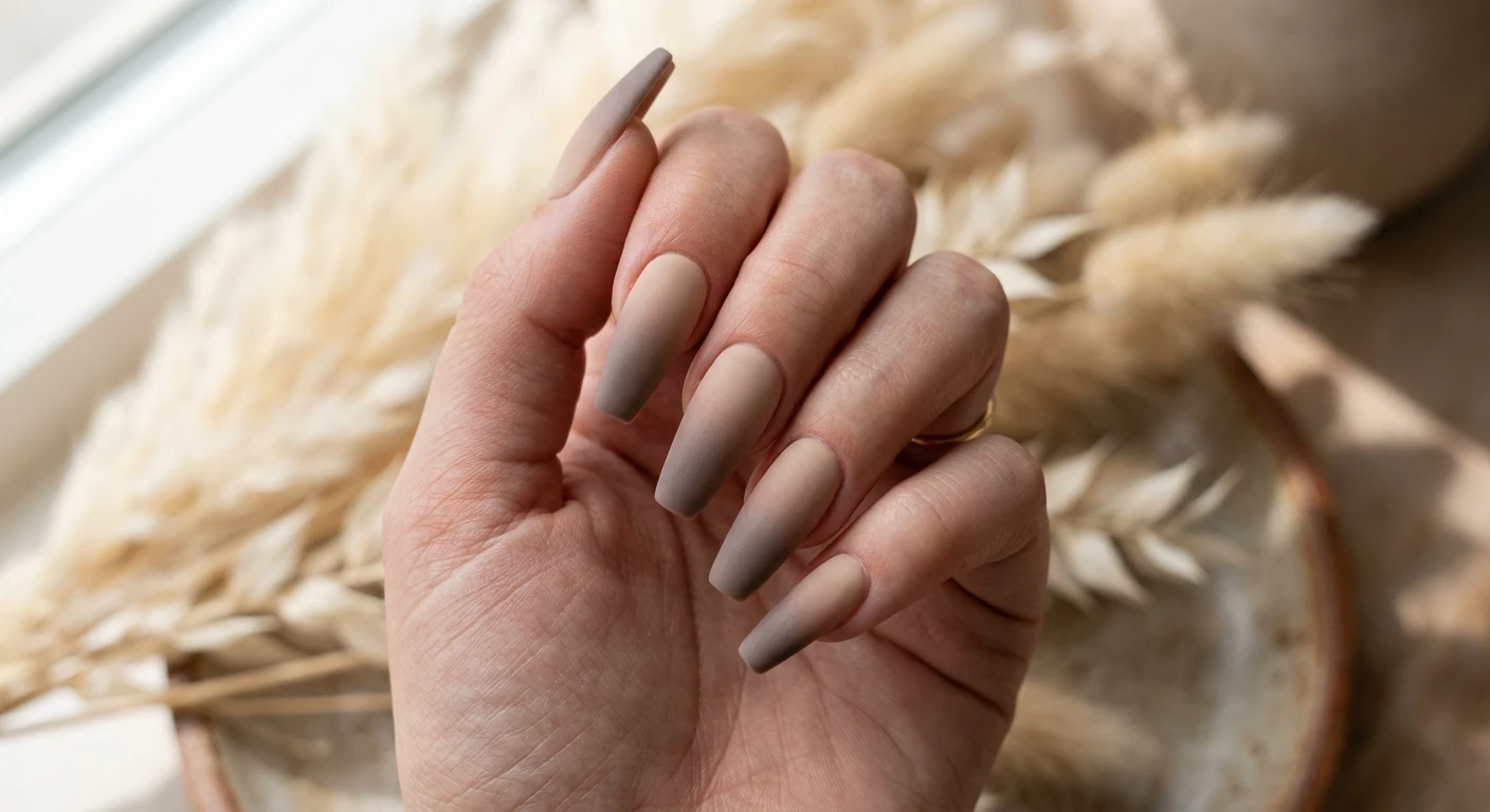 A beautiful macro photograph of one hand showcasing a long coffin nail design in sharp detail. The nails feature a smooth gradient base transitioning from a light warm sand at the cuticle to a deeper muted mushroom taupe at the tips, creating a blurred French illusion effect, sealed with a velvet matte top coat. High-resolution, modern Instagram-worthy photography style. Set against an aesthetic background of blurred dried pampas grass and soft shadows. No faces visible, focus ONLY on the nails and hand., macro nail photography, high quality, Instagram-worthy, clean composition